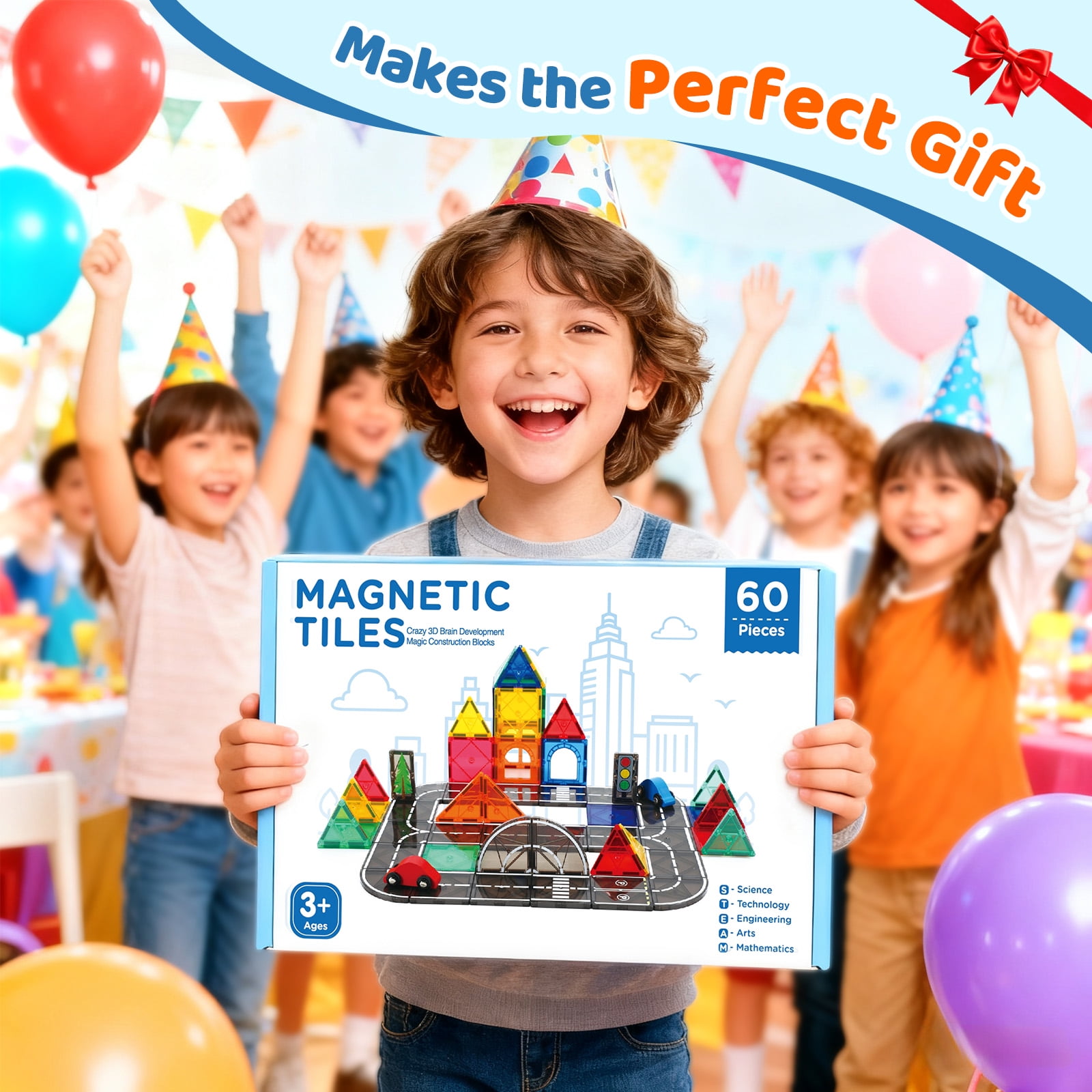 FunMagic Magnetic Tiles Road Set, STEM Building Blocks with 2 Cars, Creative City Construction Toy (Black, 60 Pieces) l1m5x
