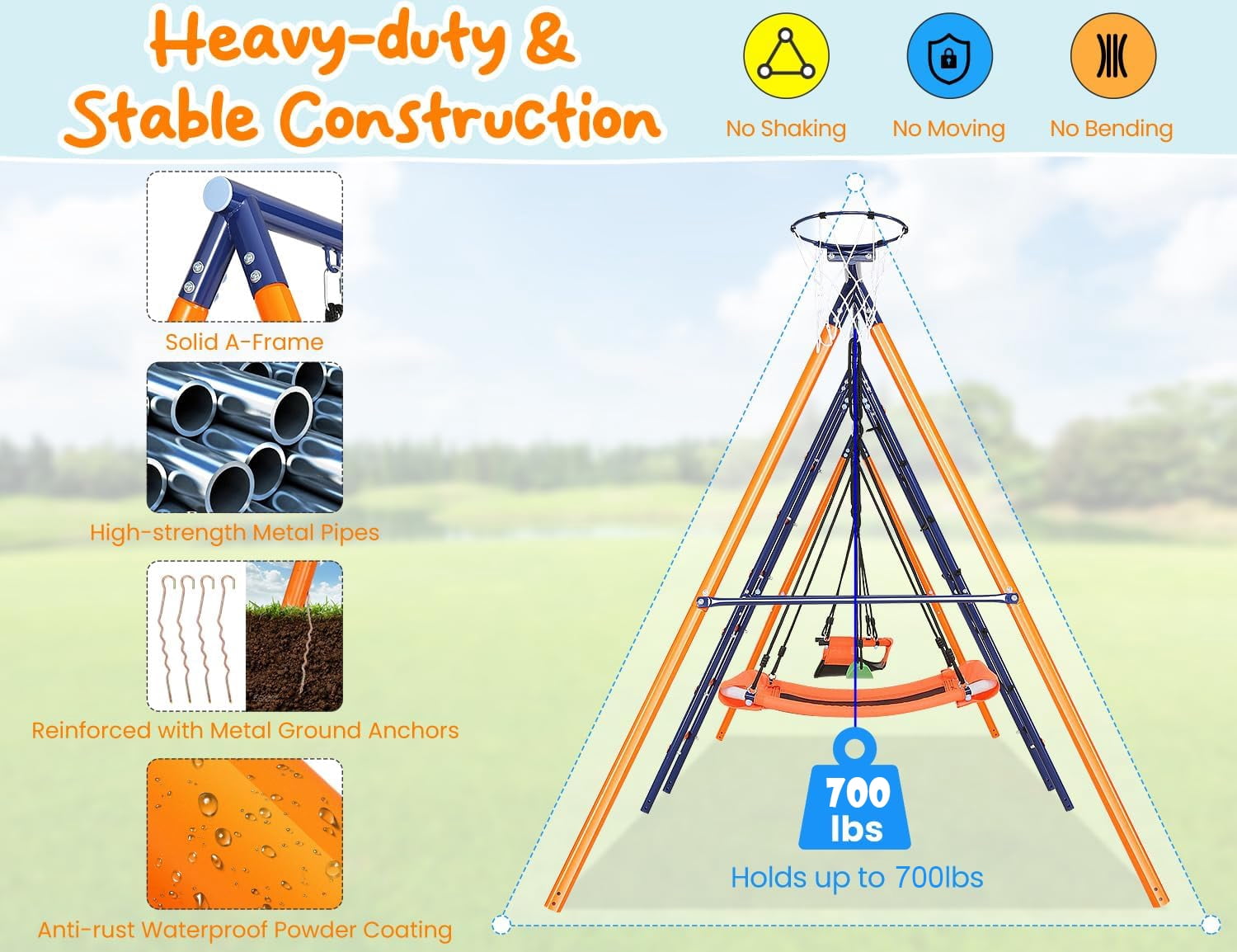 VIBESPARK 6-in-1 Outdoor Metal Swing Set for Backyard with 3 Swings, Climbing Net, Ladder, and Basketball Hoop (Orange, 151.6 in x 71 in x 72.8 in) hwz7i