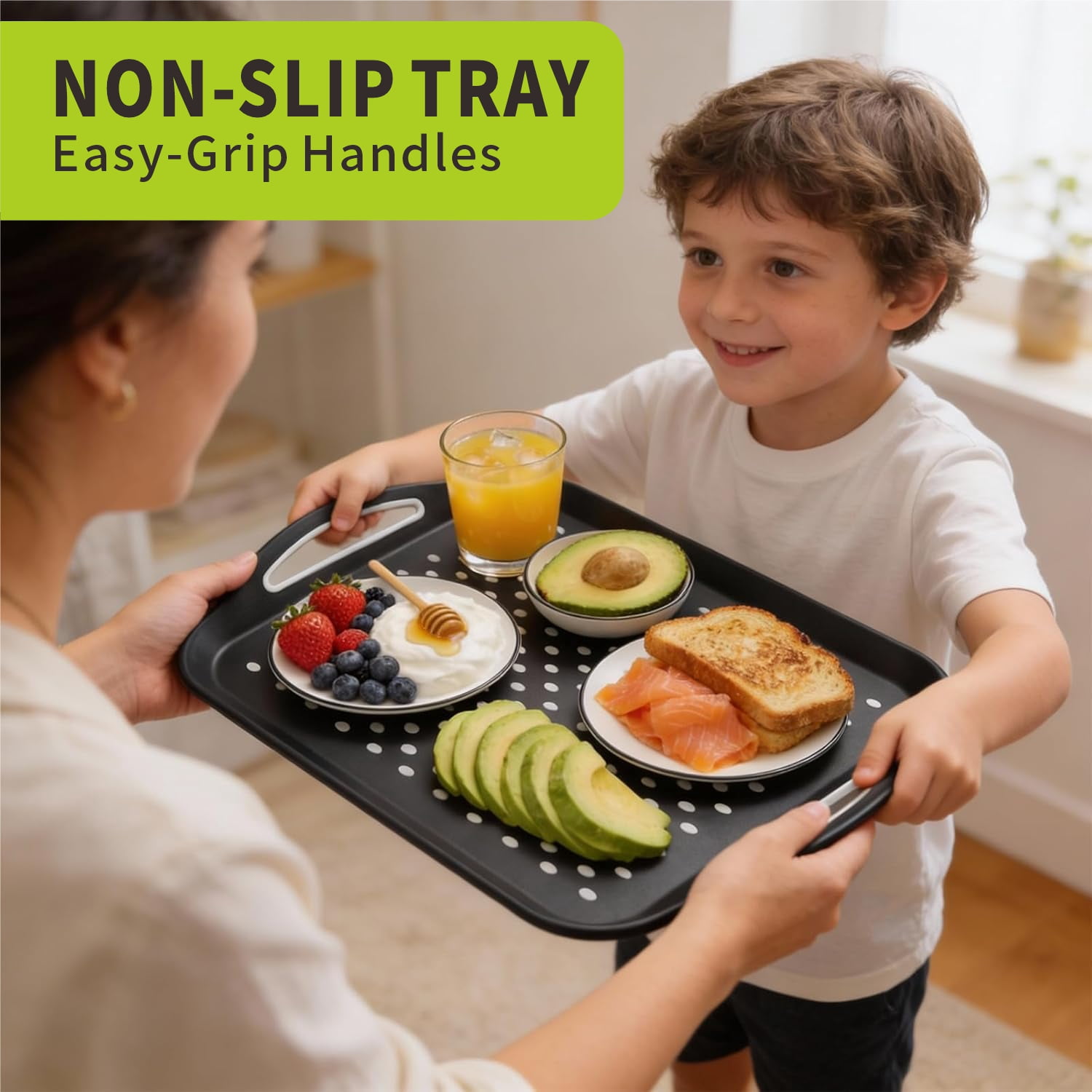 LYLHZRMDGC Non-Slip Serving Tray with Handles, Rubber Gripped Lap Food Tray for Eating, Dishwasher Safe (Black, 15.7 in x 11.2 in x 2 in) c9xwc