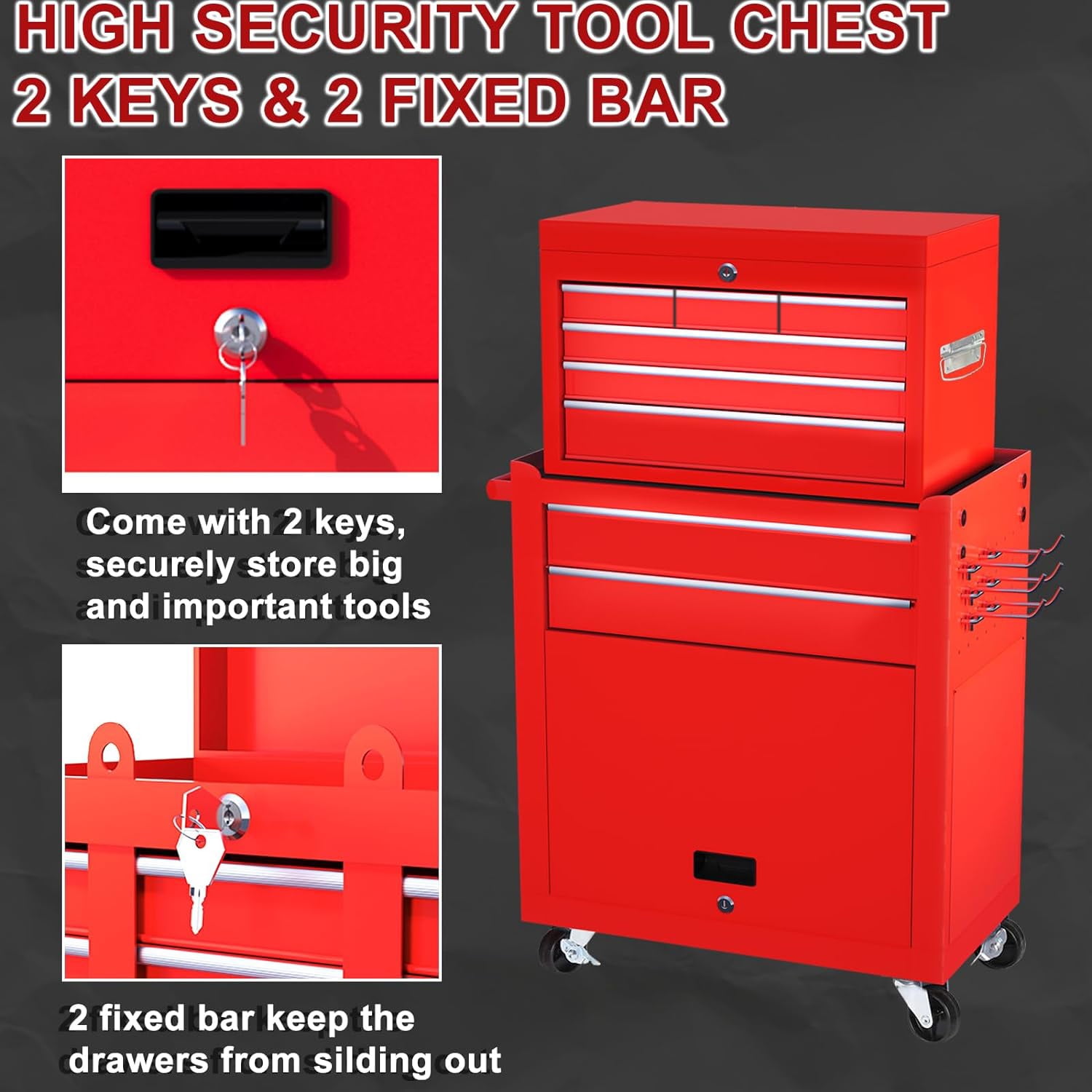 Clickoods 8-Drawer Rolling Tool Chest, 2-in-1 Detachable Metal Tool Box Cabinet with Wheels (Red, 24 in x 13 in x 43 in) ykmzs