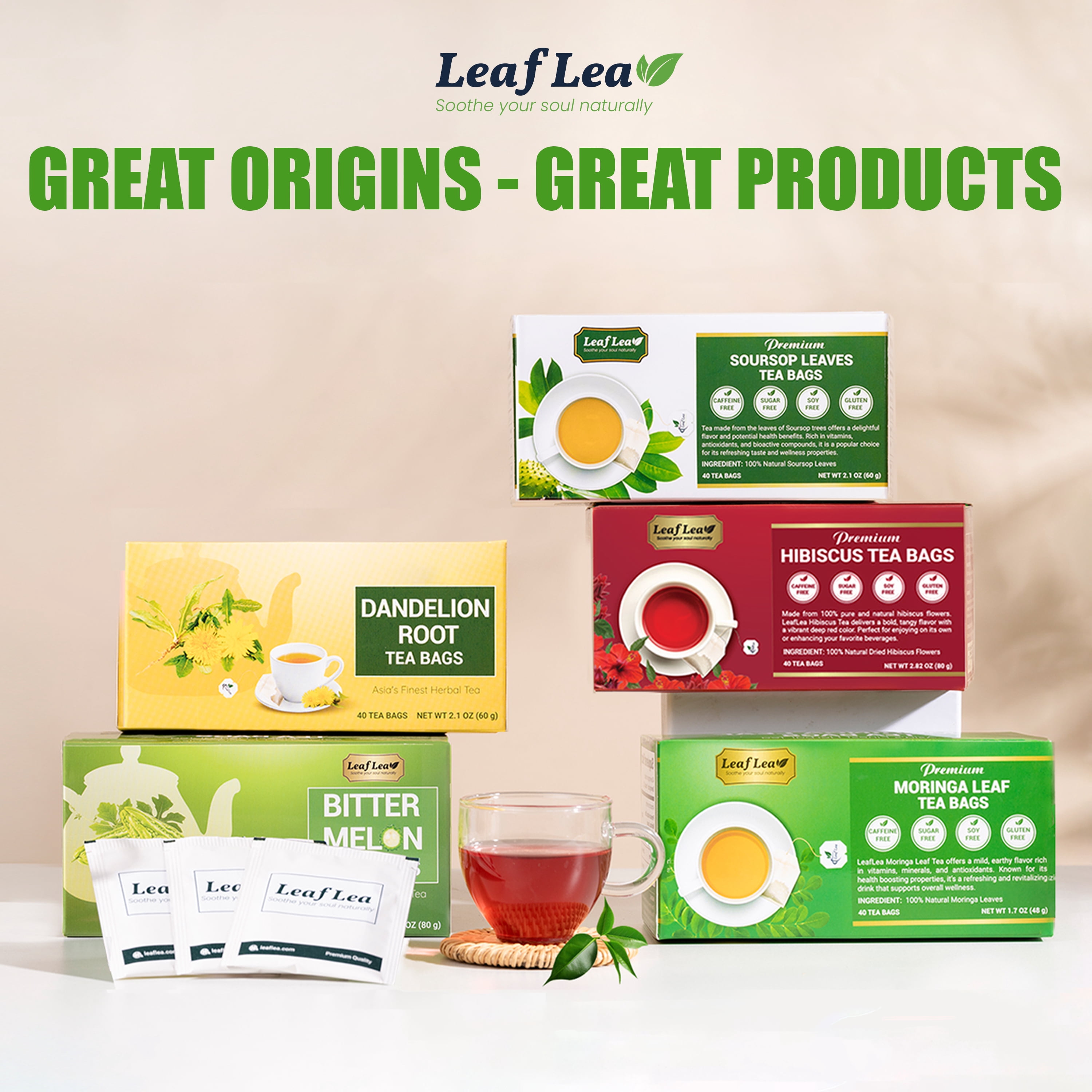 LeafLea Dandelion Root Herbal Tea Bags, Caffeine-Free Natural Tea Blend (240 Count, 6 Packs) l146r