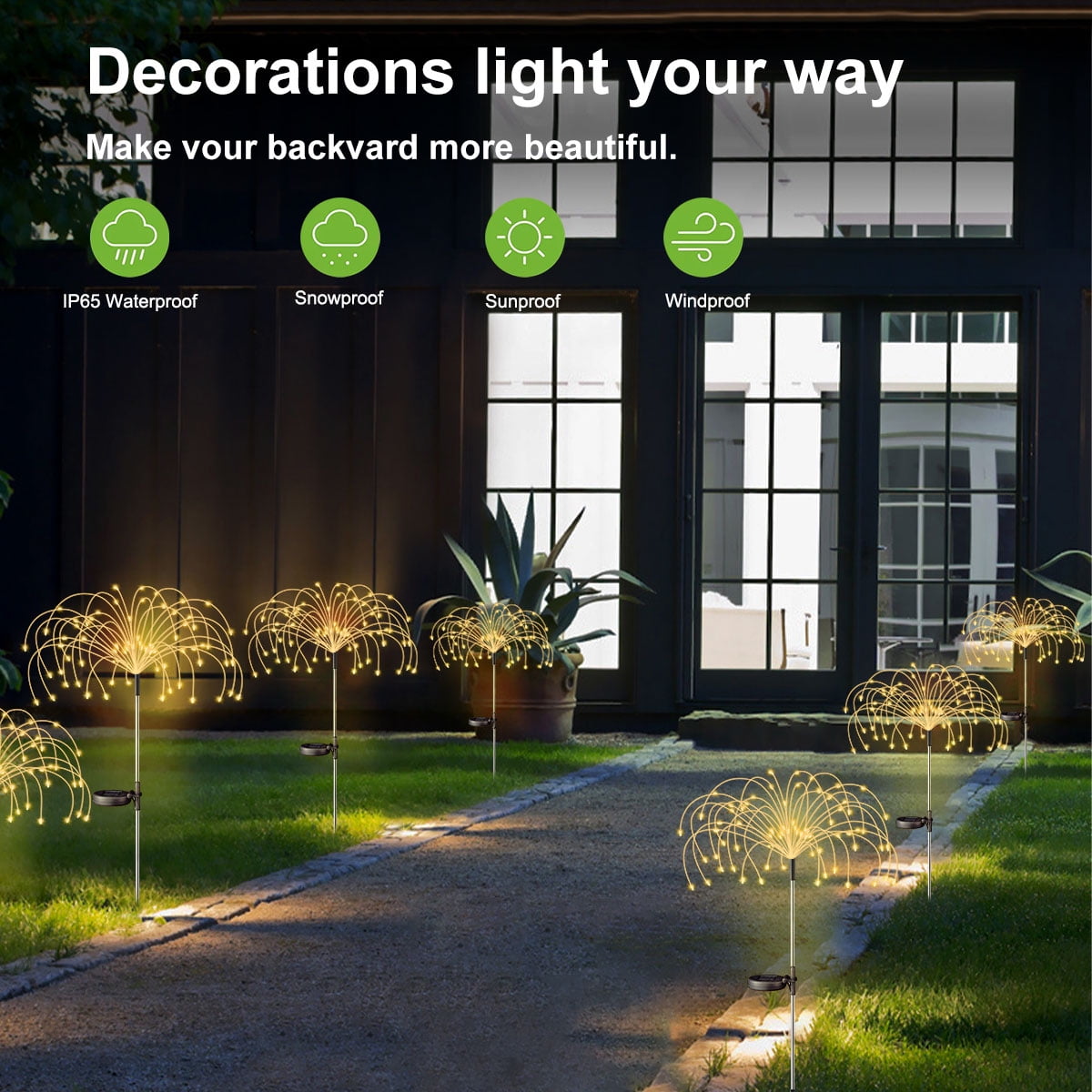 Rirool Solar Firework Lights Outdoor LED Garden Decor (Warm White, 2 Pack) p95if