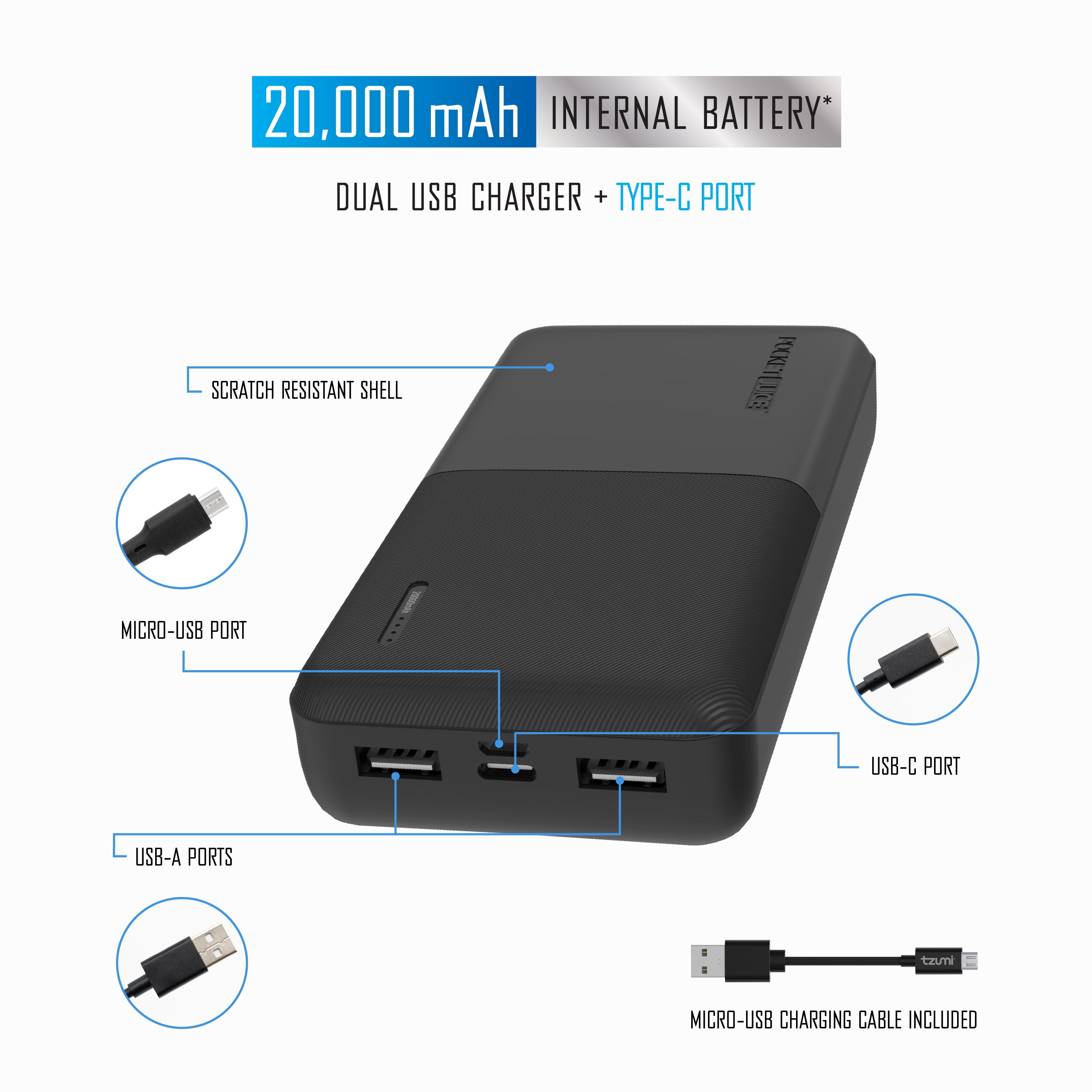 Pocket Juice Slim Pro Portable Power Bank, 20,000mAh Dual USB Charger (Black, 5.5 x 2.75 x 1 in) 6xrv2