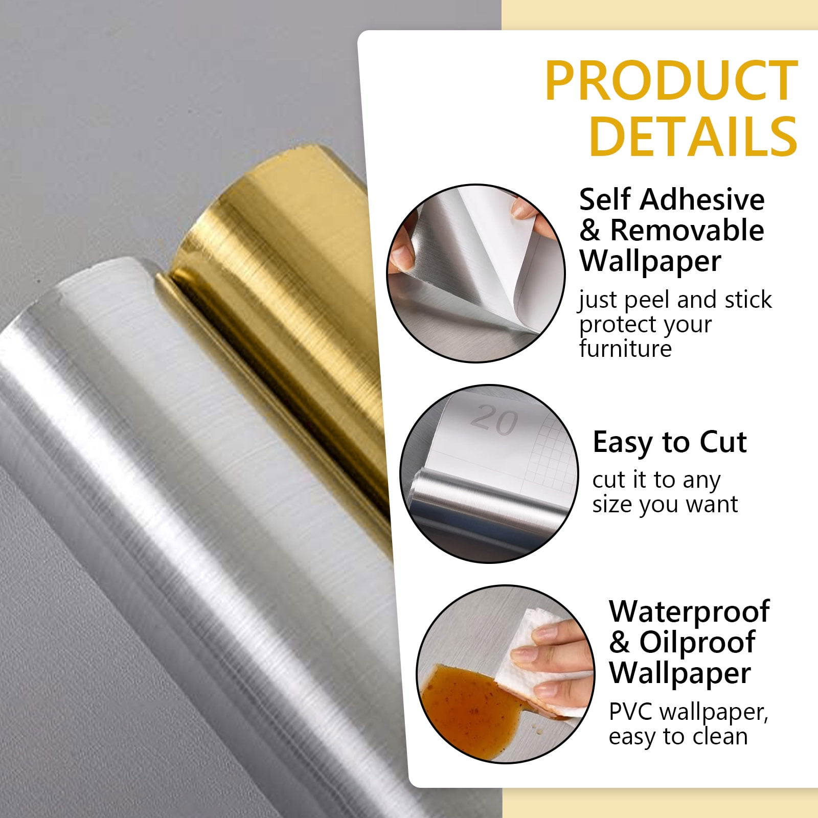 Tripumer Stainless Steel Contact Paper, Peel and Stick Vinyl Film for Kitchen Appliances and Countertops (Silver, 19.6 in x 197 in) ottr6