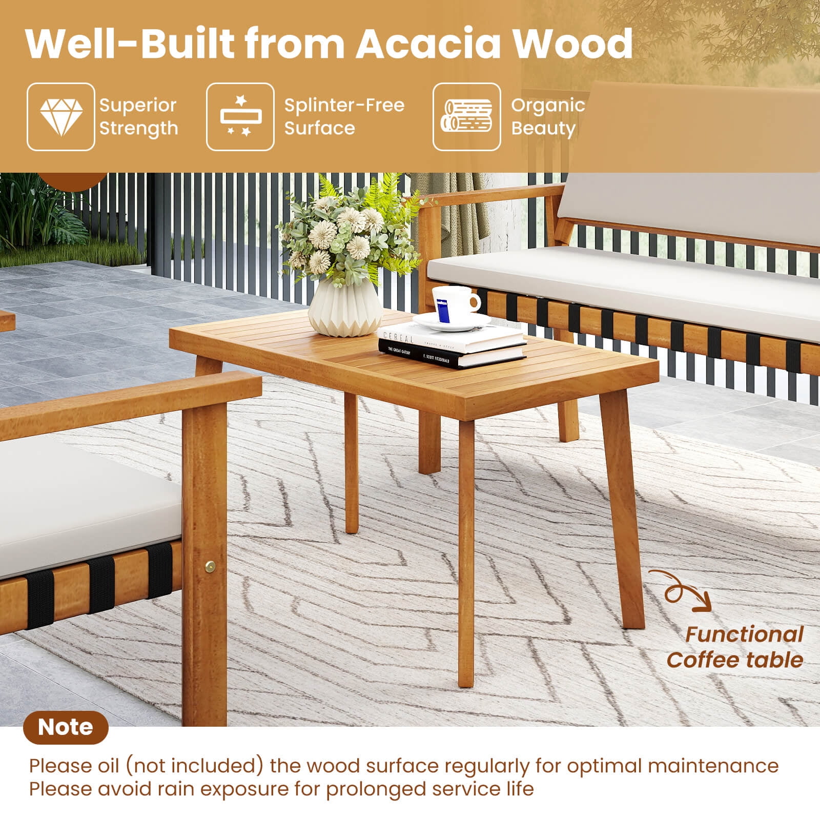 Costway 8-Piece Acacia Wood Patio Furniture Set with Coffee Table and Cushions (White, 8-Piece Set) toyzr