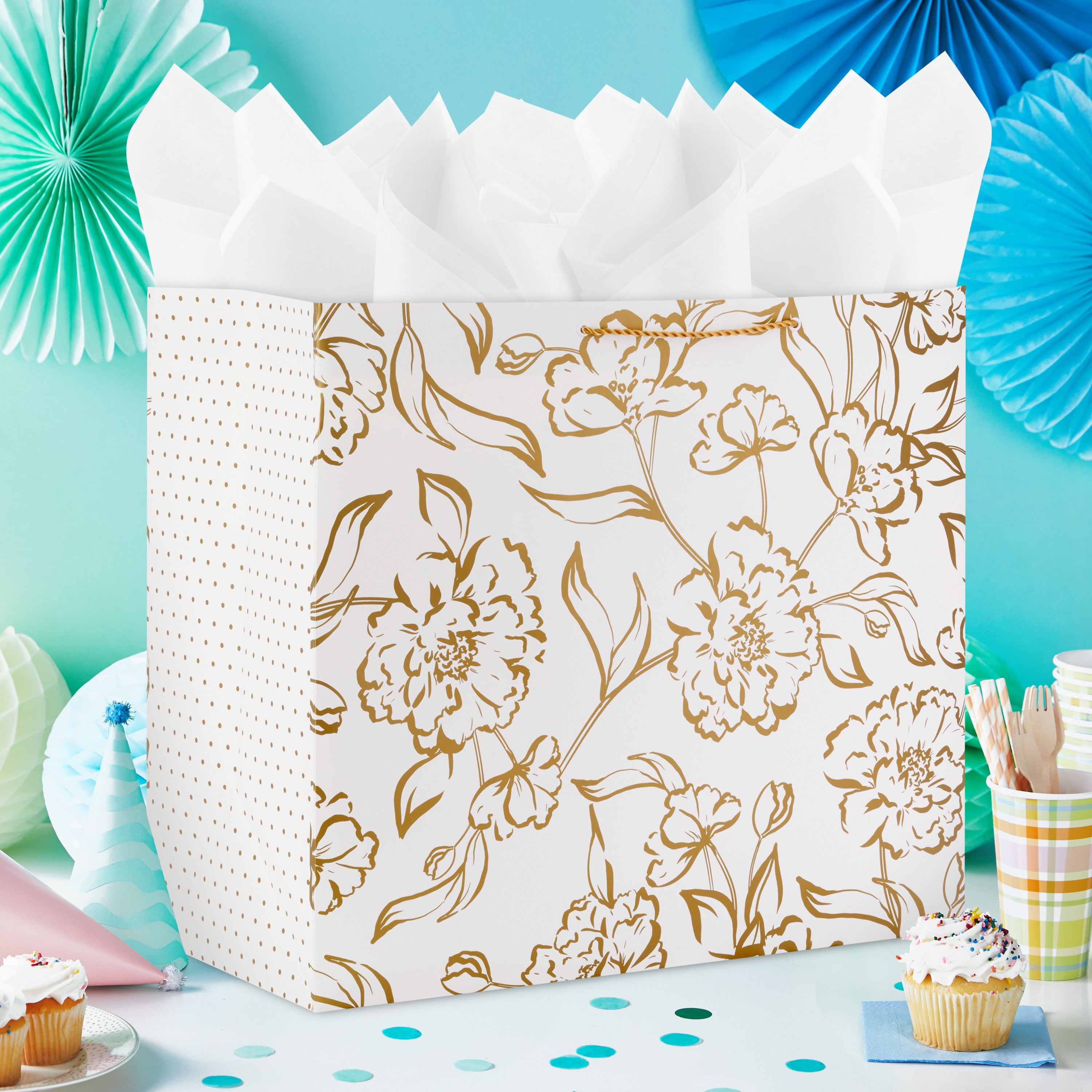 Hallmark Jumbo Floral Gift Bag, Heavy-Duty Paper Present Carrier with Satin Ribbon Handles (Gold, 21.5 in x 19 in x 10.5 in) wz8d4