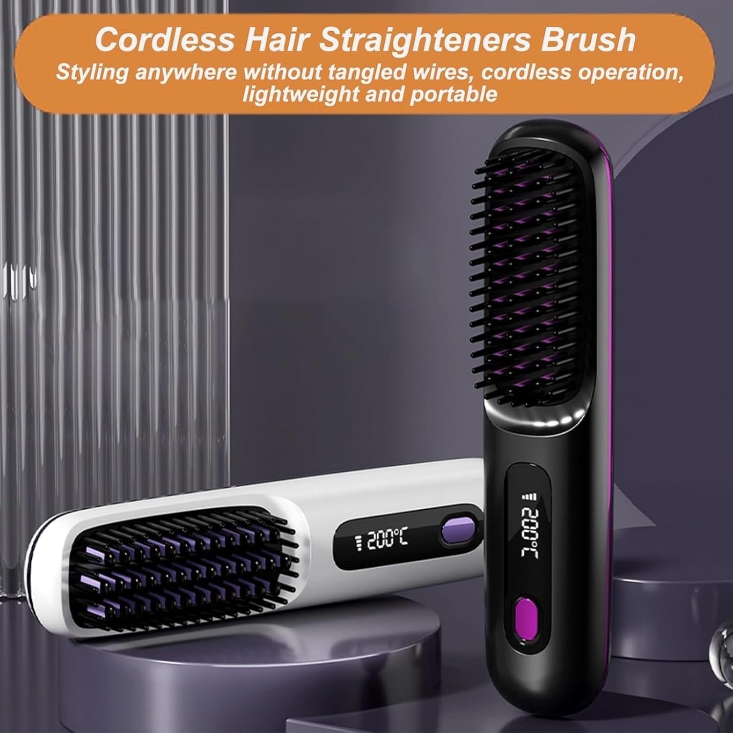 Generic Cordless Hair Straightener Brush, Portable Ceramic Hot Comb with LCD Display (Black, 1 Count) u3yae