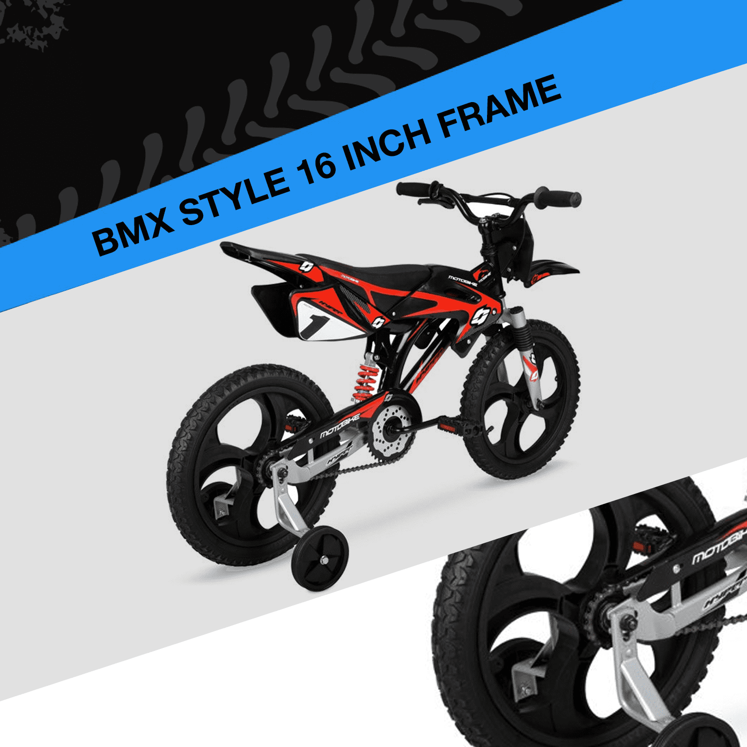 Hyper Bicycles 16 in Moto Bike for Kids, Durable Steel Frame with Training Wheels (Black/Red, 16 in) q75c1