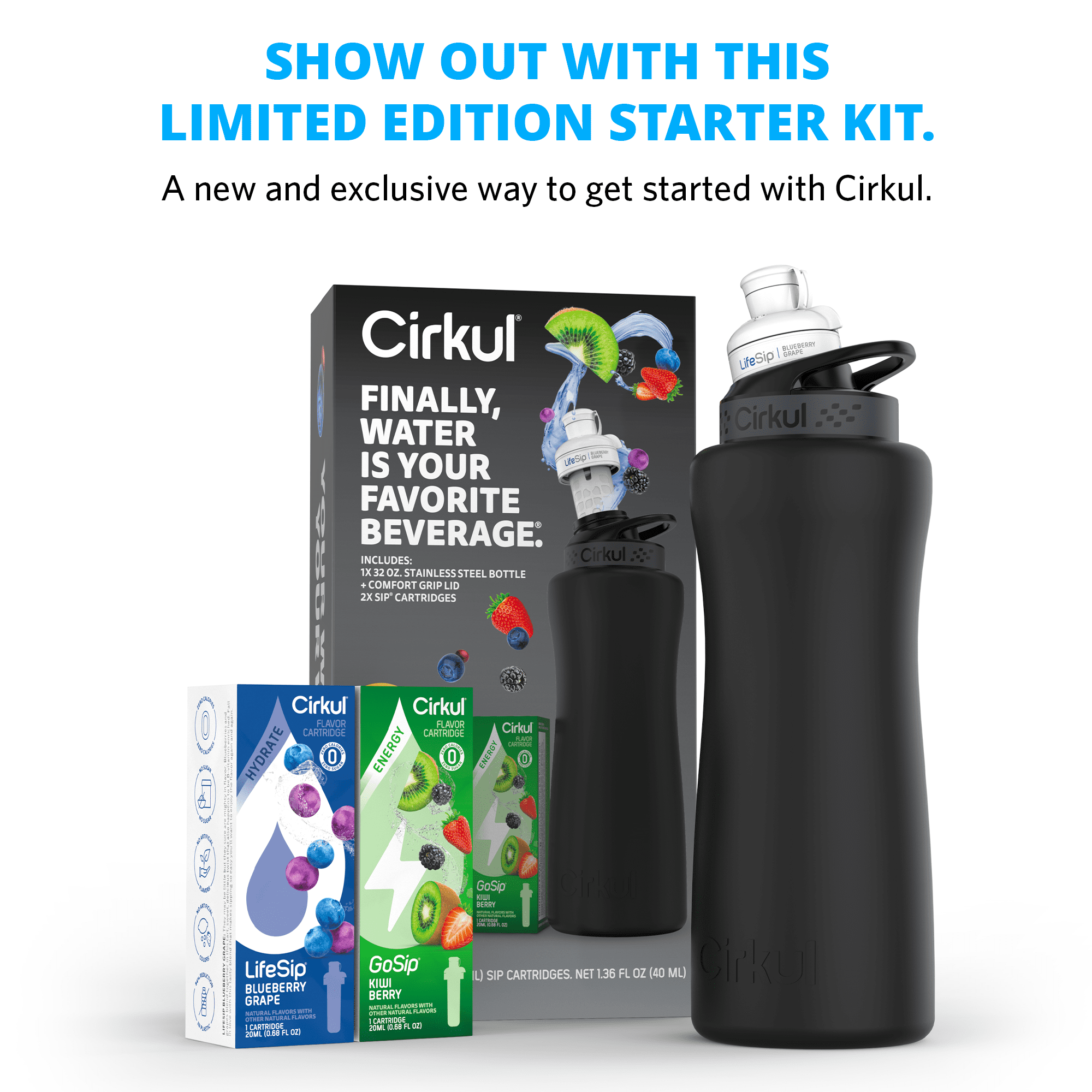 Cirkul Stainless Steel Water System Starter Kit with Flavor Dial and 2 Cartridges (Matte Black, 32 oz) wuczt
