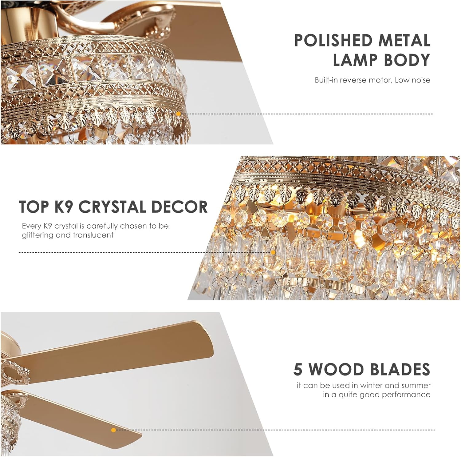 Yiosi 52 in Crystal Chandelier Ceiling Fan with Remote Control, 3-Speed AC Motor, Farmhouse Lighting for Living Room (Gold, 52 in) zuq47