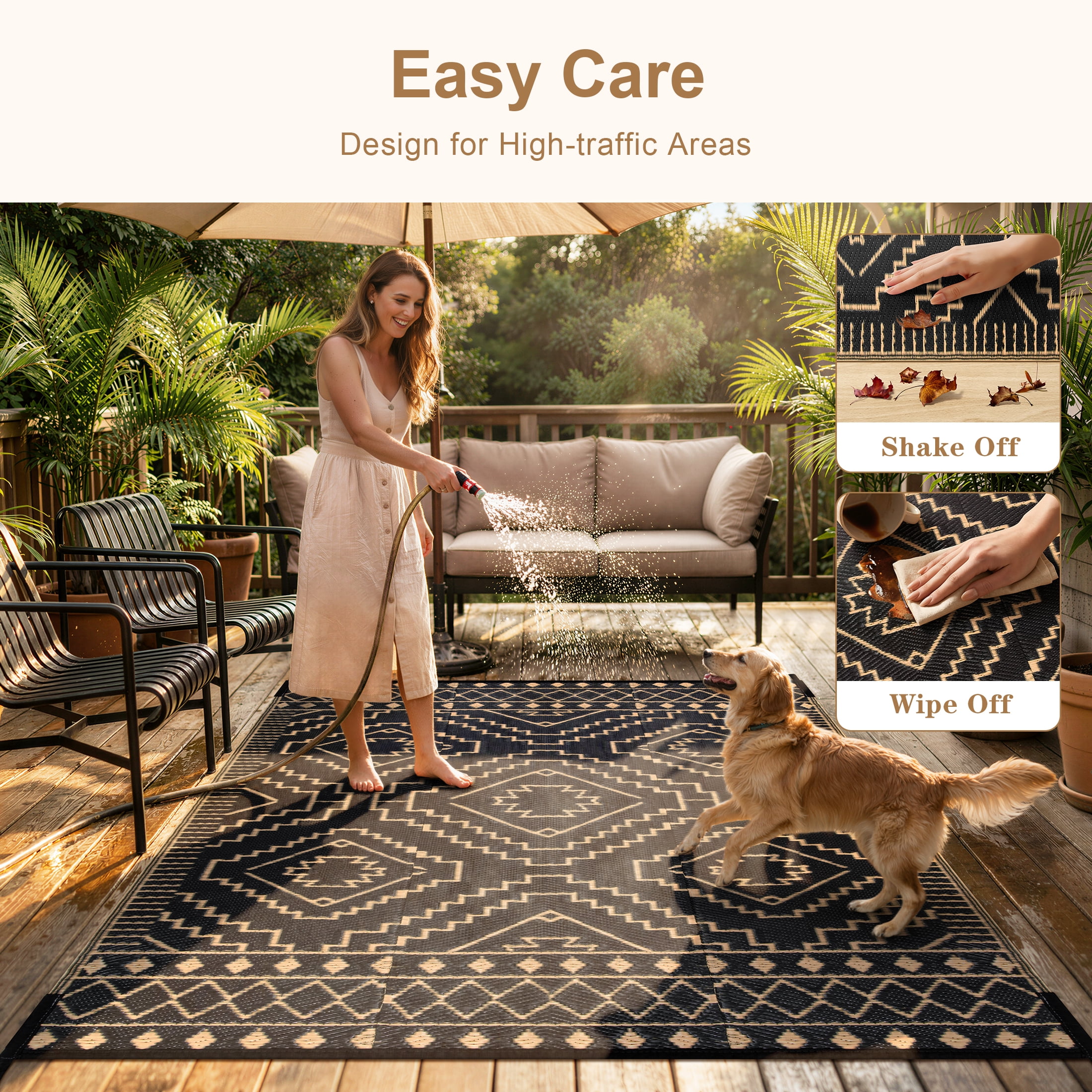 RUG ROBOT Reversible Outdoor Rug, Waterproof Plastic Straw Carpet for Patio and Backyard (Black/Brown, 5 ft x 8 ft) v6lv6