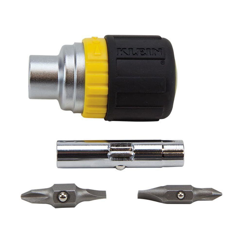 Klein Tools 6-in-1 Ratcheting Stubby Screwdriver with Cushion-Grip Handle (Yellow, 1 Pack) ln2jh