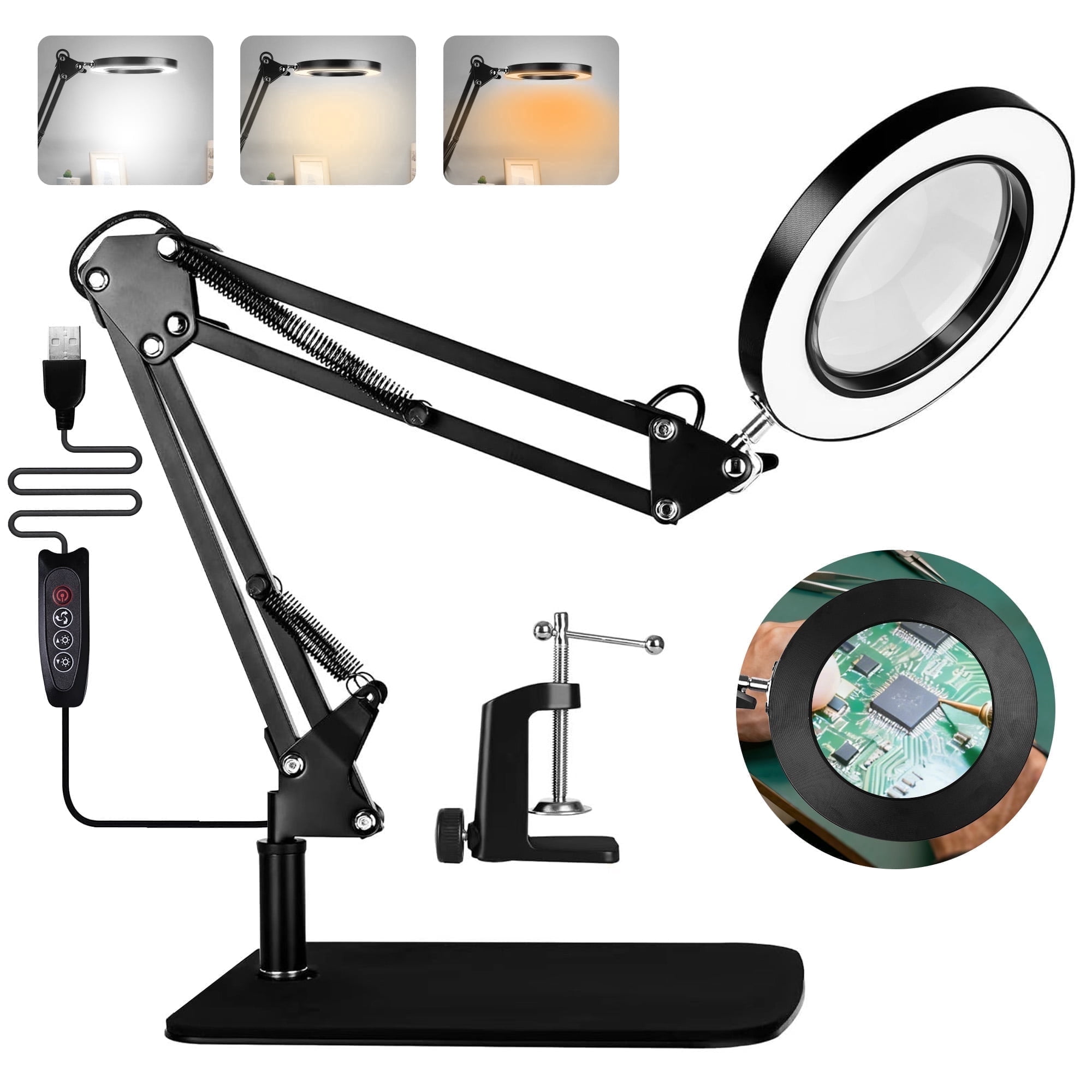 WEENEED 10X Magnifying Lamp with LED Light, Adjustable Swing Arm, Desk Clamp and Base (Black, 6.3 in Lens) kcp4c