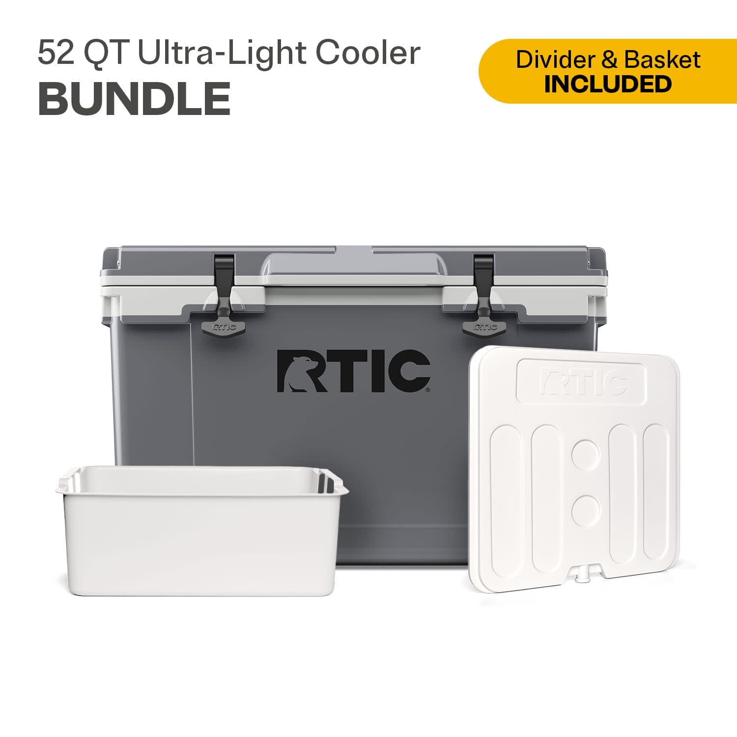 RTIC 52 Quart Ultra-Light Hard Cooler Bundle with Freezable Divider and Dry Basket (Dark Grey and Cool Grey, 52 qt) rskv8