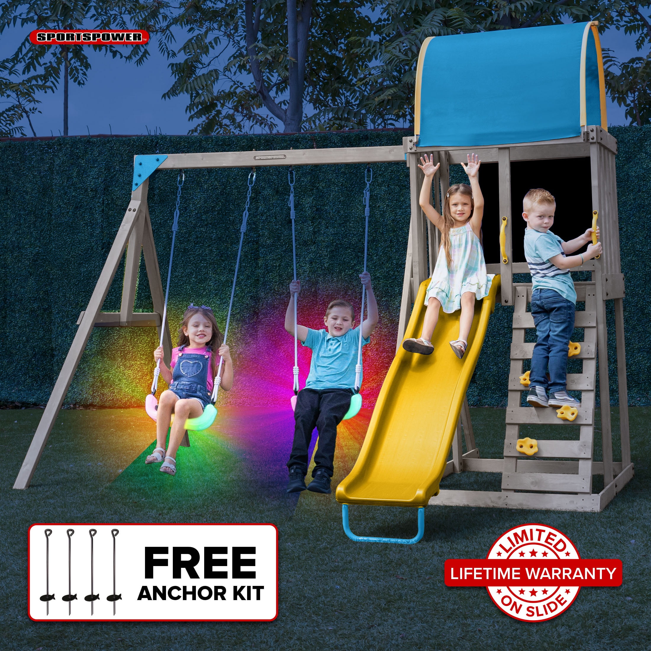 Sportspower Addison Twinkle Wooden Swing Set with LED Swings, Rock Wall, and Slide (Blue, 1 Set) 51f3i