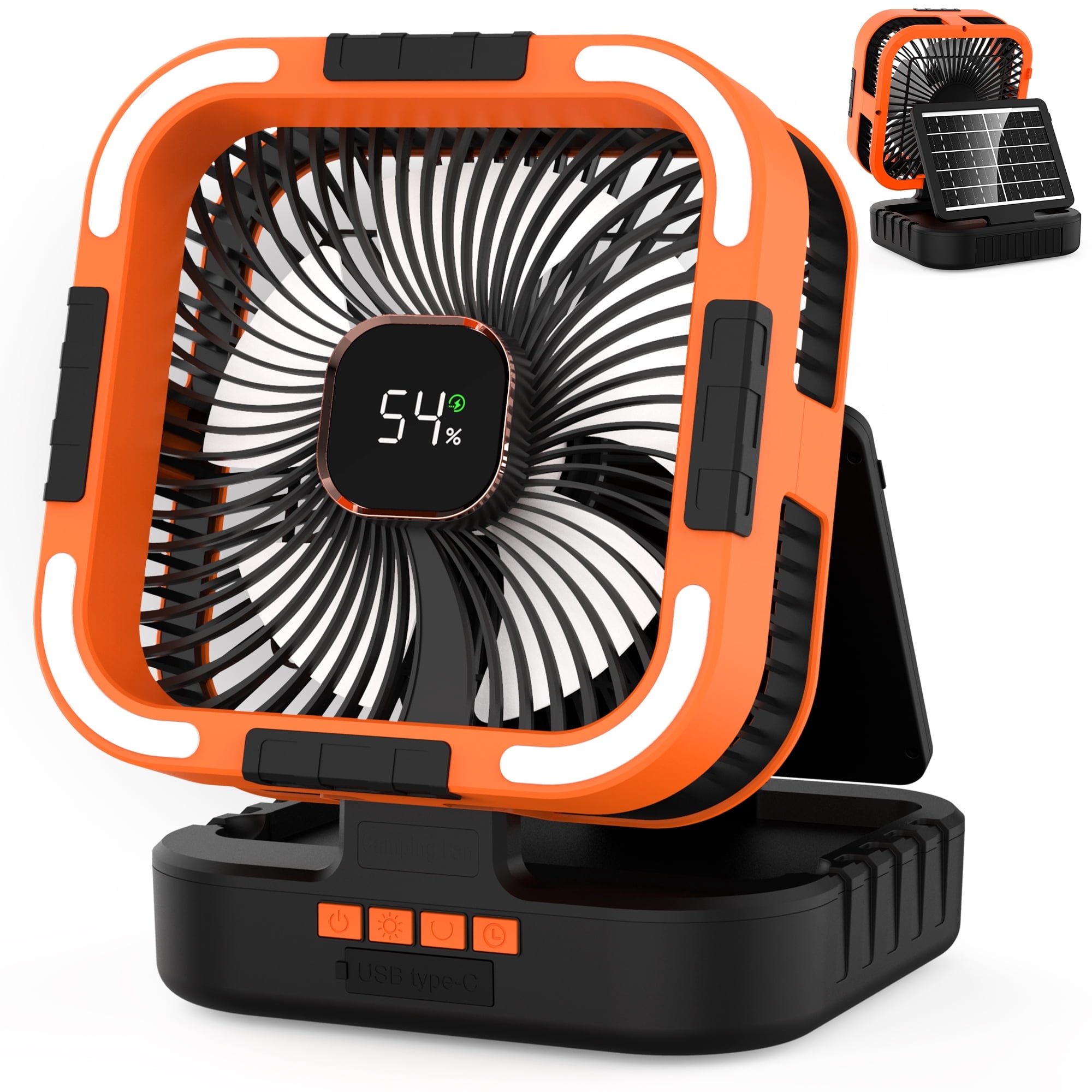 RUNACC Solar Camping Fan with LED Light, 10000mAh Rechargeable Portable Oscillating Fan (Orange, 10000mAh) 70k1h