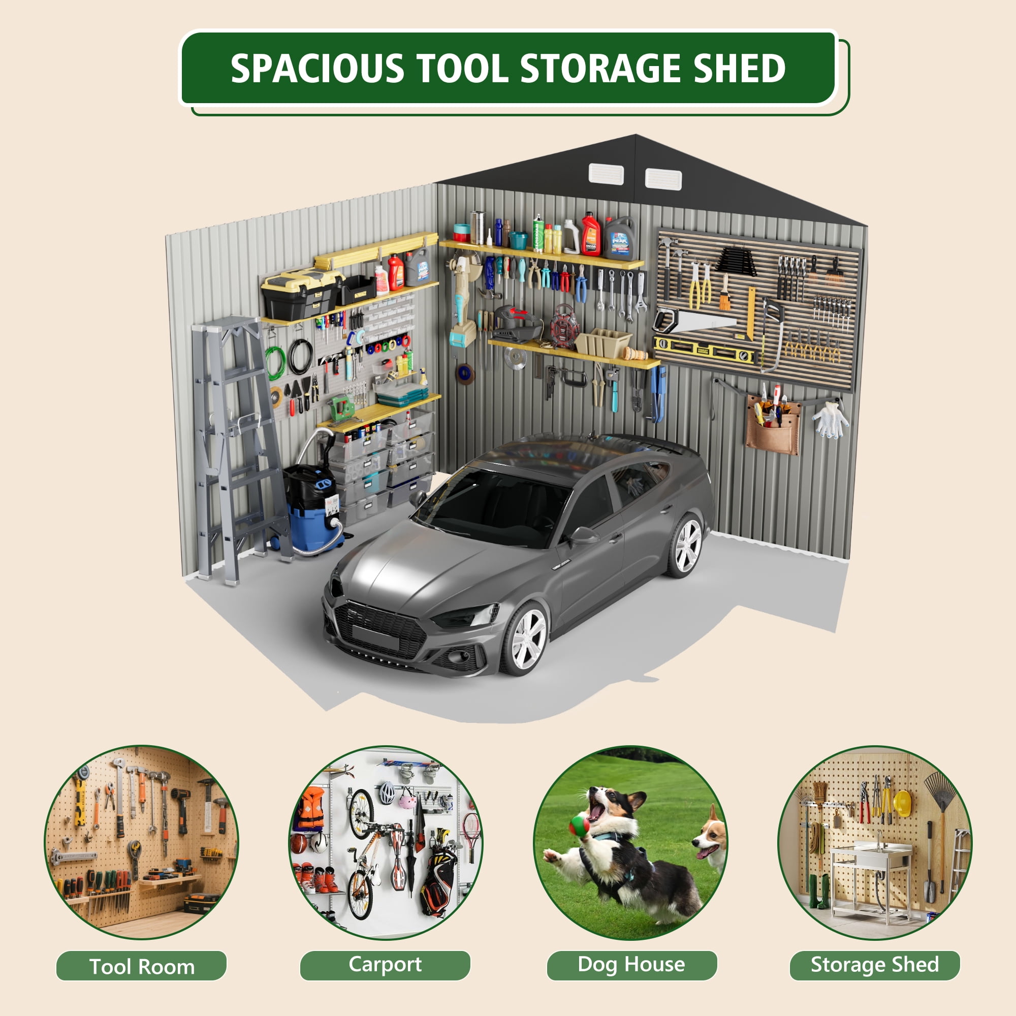 Licheers Outdoor Metal Tool Storage Shed with LED Light and Air Vents (Brown, 8 ft. W x 6 ft. D) 5yoq4