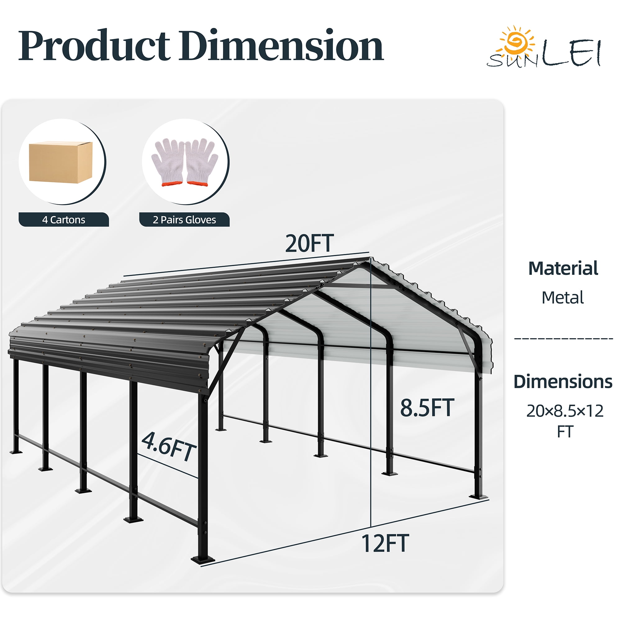 Walsunny Heavy Duty Metal Carport Canopy, Galvanized Steel Roof Garage Shelter (Gray, 12 ft x 20 ft) 8elux