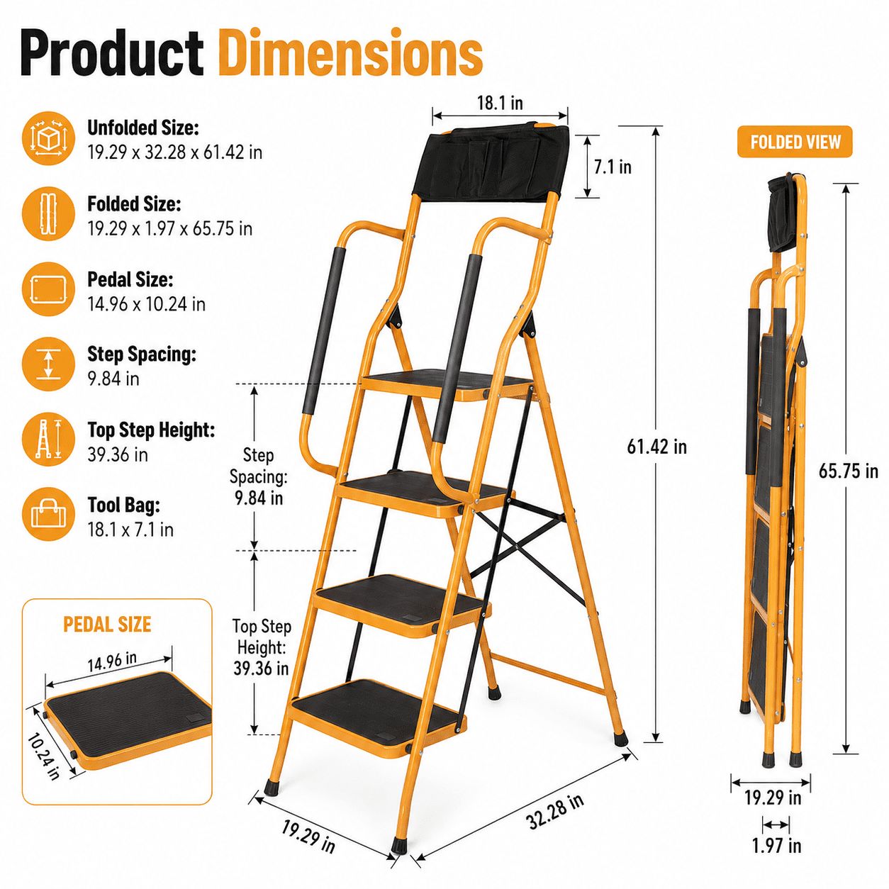 Alvantor 4-Step Iron Ladder with Handrails and Tool Bag (Ginger Yellow, 330 lb Capacity) szhpg