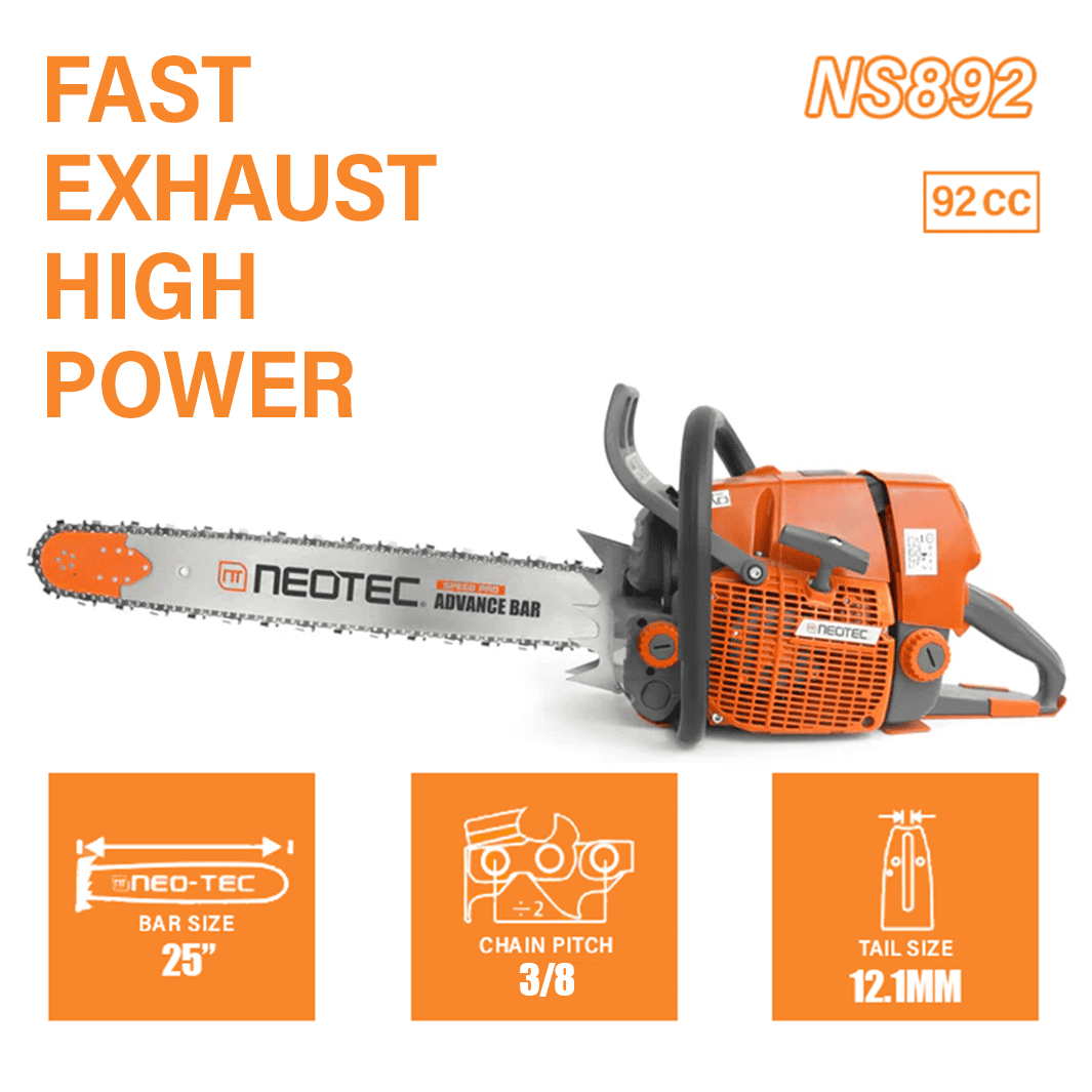 Neotec NS892 92cc 2-Cycle Gas Chainsaw, Heavy-Duty Wood Cutting and Trimming Tool (25 in) rxtxa