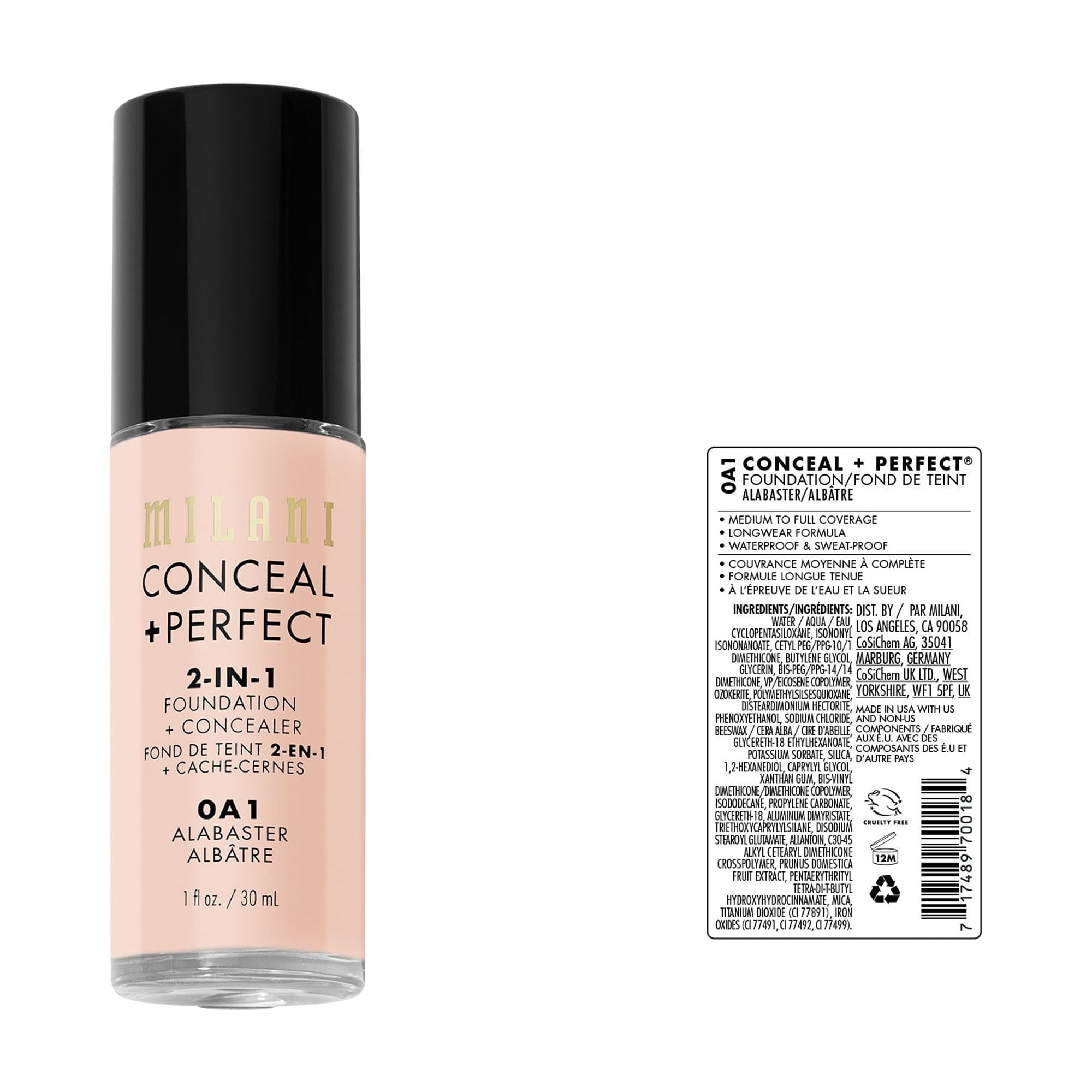 Milani Conceal + Perfect 2-In-1 Foundation + Concealer, Long-wear Full Coverage (Alabaster, 1 fl oz) ir8z4
