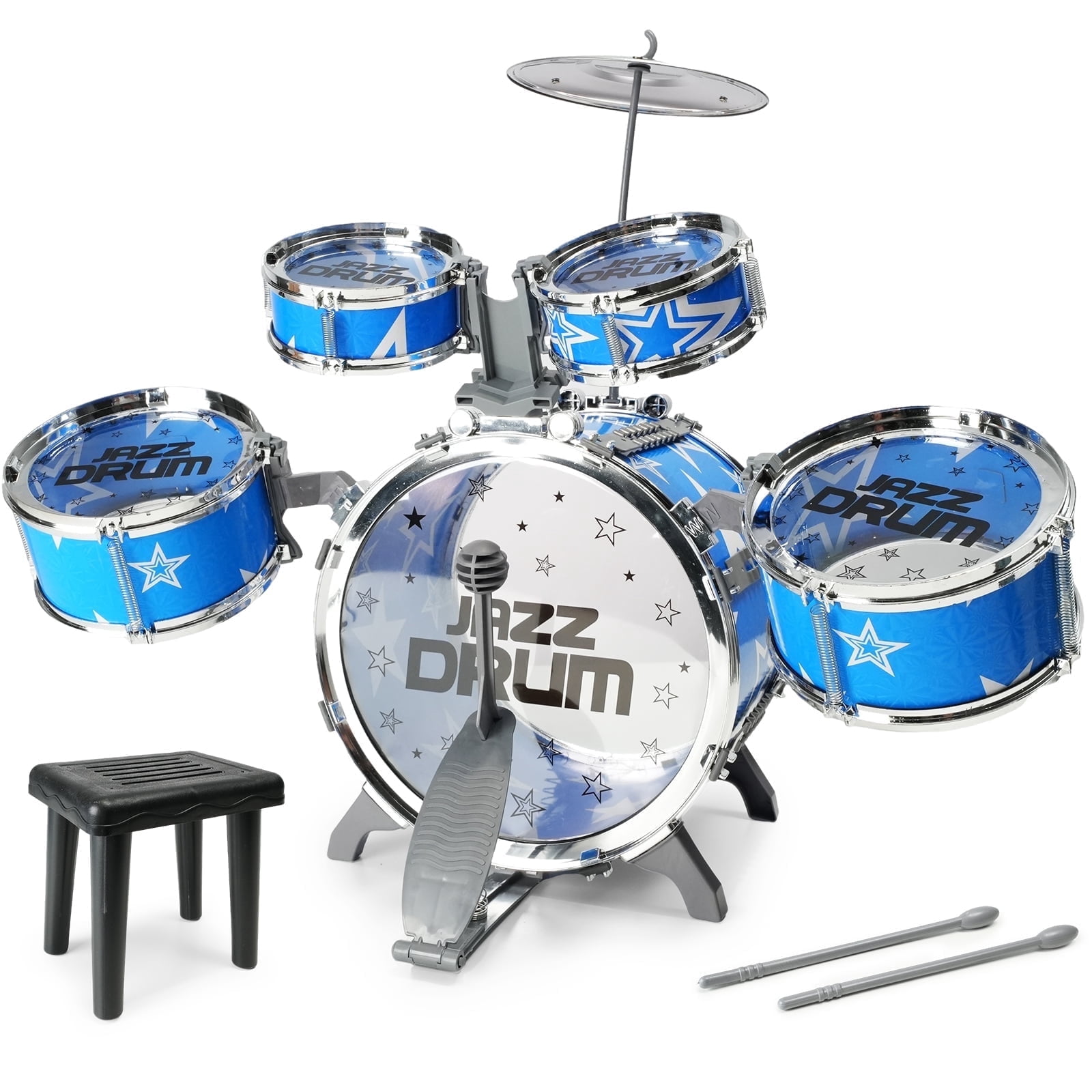 JBeeCtrl Kids Jazz Drum Set Musical Instrument with Chair and Pedal (Blue, 8-Piece Set) j4qzl