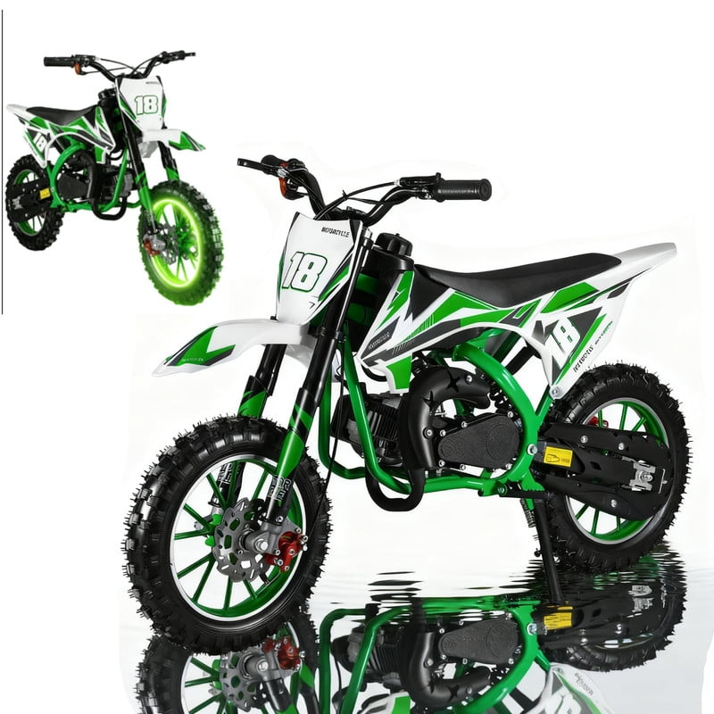 Seipouy 49cc Gas Powered Dirt Bike for Kids, Off-Road Pit Bike with Hydraulic Disc Brakes (Green, 10 in Tires) lawn2