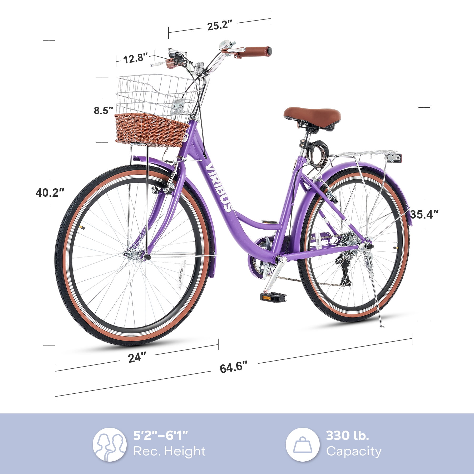 Viribus 24 in Beach Cruiser Bike for Women, 7-Speed City Bicycle with Basket and Rack (Purple, 24 in) 1qztg