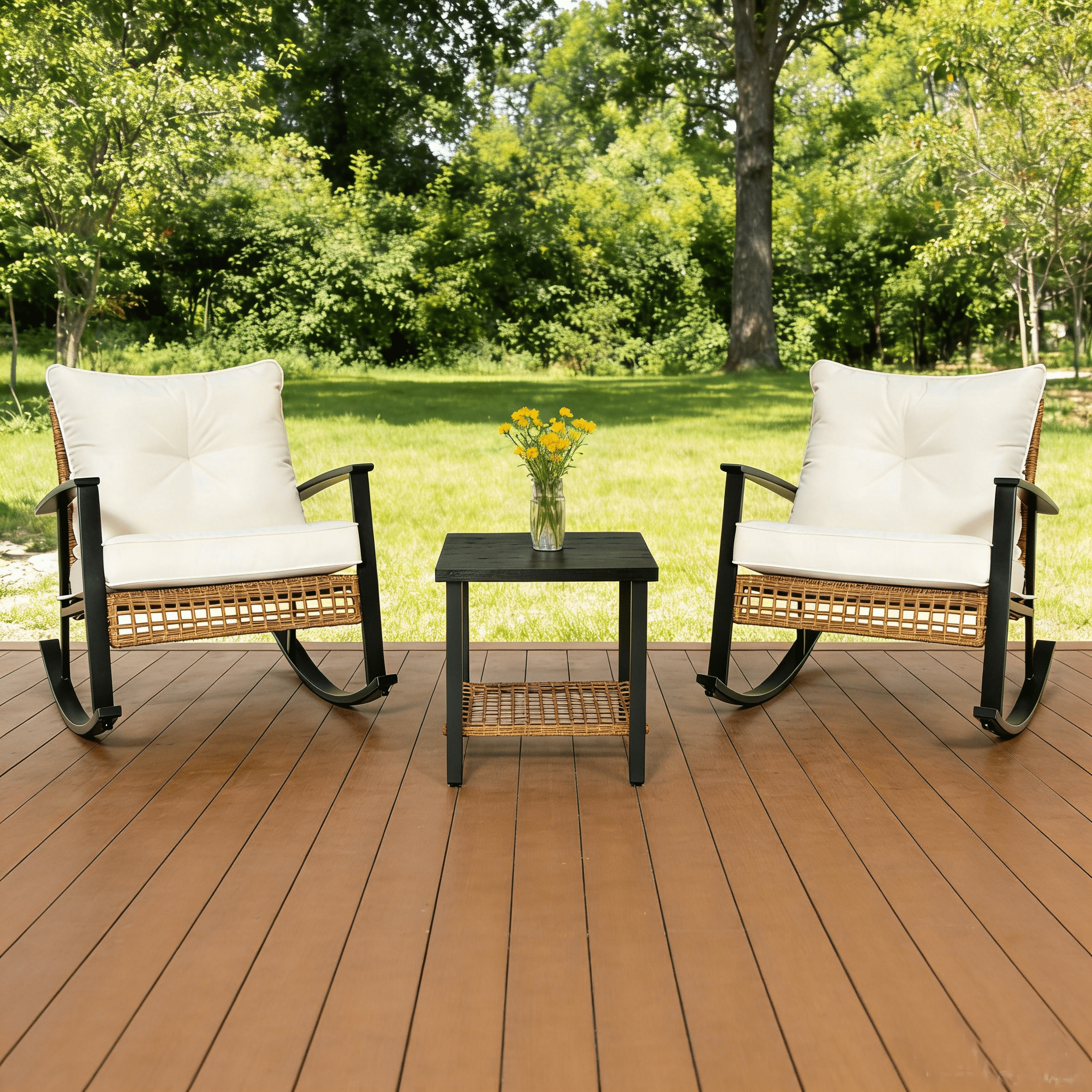 KamerOut 3-Piece Patio Conversation Set, All-Weather PE Wicker Rocking Chairs with Coffee Table (Beige, 3-Piece Set) hh2ab