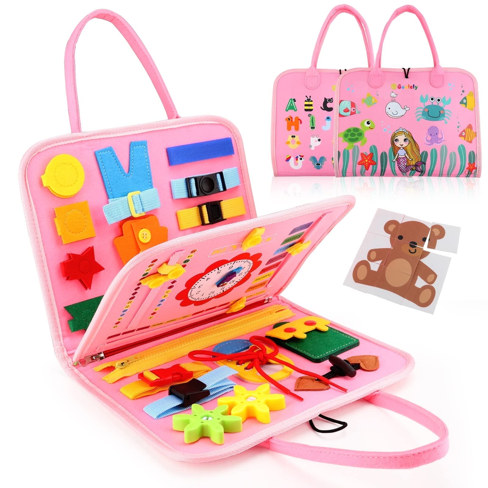 Egsiaanu Montessori Busy Board for Toddlers, Sensory Activity Toy for Fine Motor Skills Development (Pink, 11 in x 9 in) qpdm1