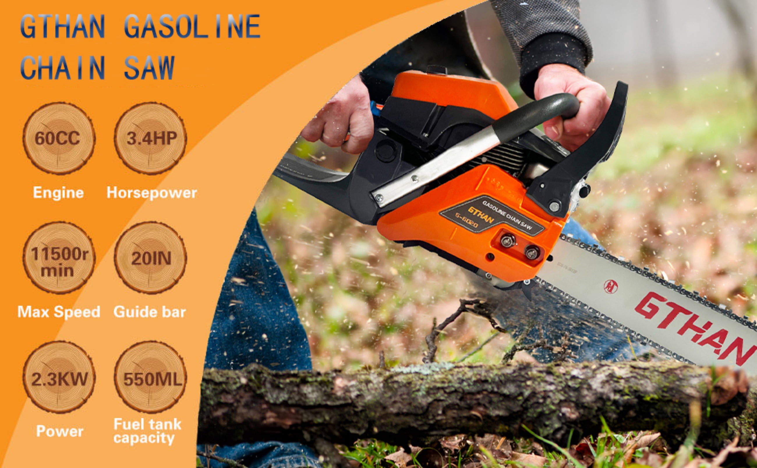 GTHAN Gas Chainsaw 62cc 2-Cycle Engine High-Performance Wood Cutting Tool (Orange, 20 in) xqx4n