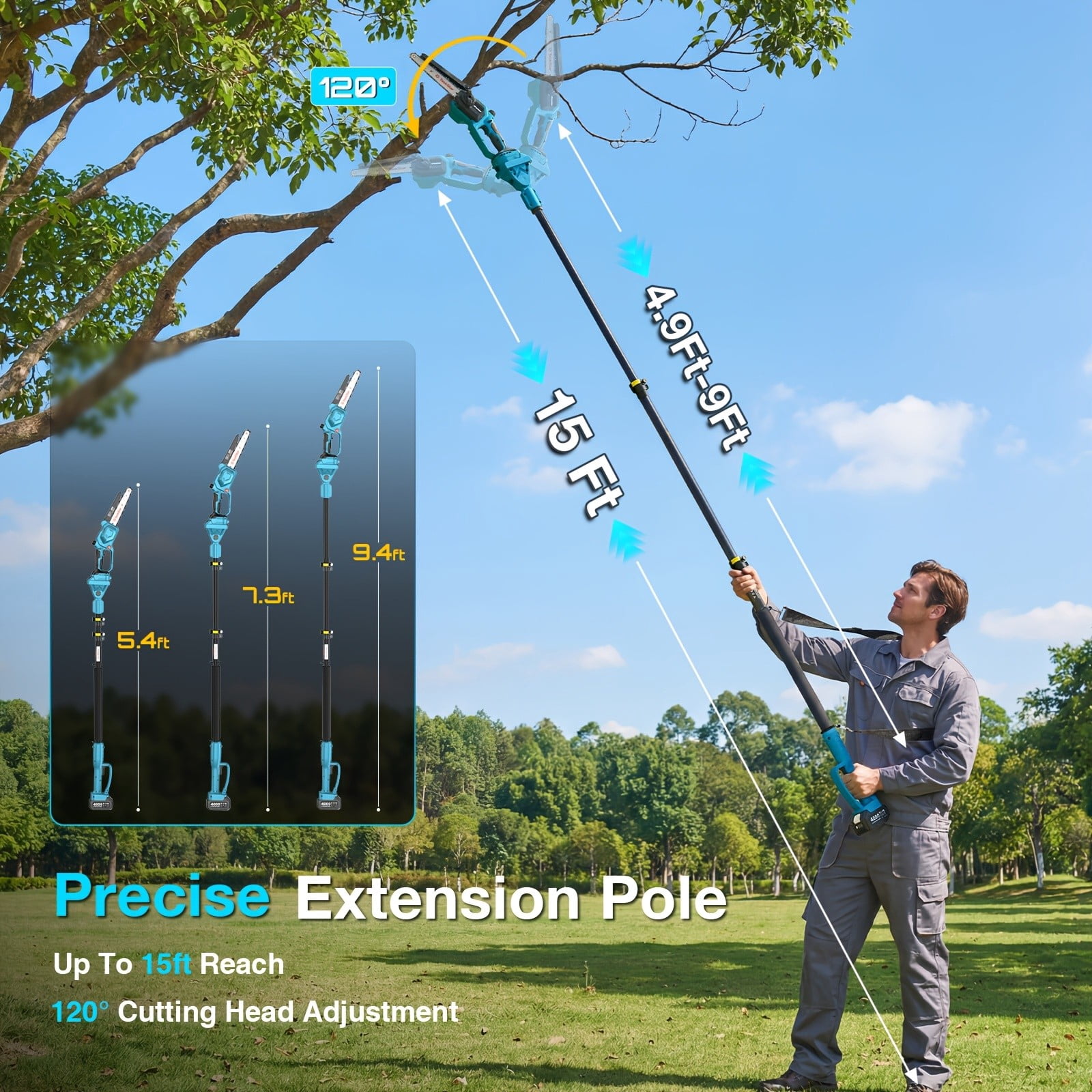 TaskStar 2-in-1 Cordless Pole Saw and Mini Chainsaw, 8 in Electric Handheld Pruning Tool (Blue, 15 ft Reach) j7rzr
