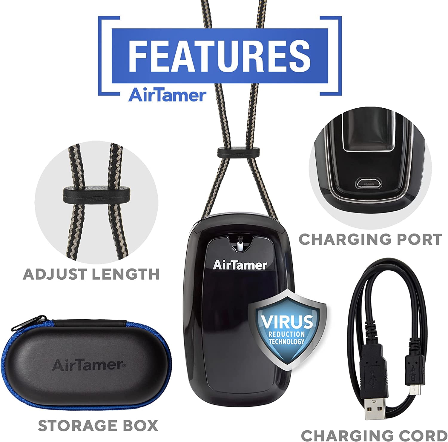 AirTamer A315 Rechargeable Personal Air Purifier, Portable Wearable Ionic Air Cleaner (Black, 1 Unit) kqo5s