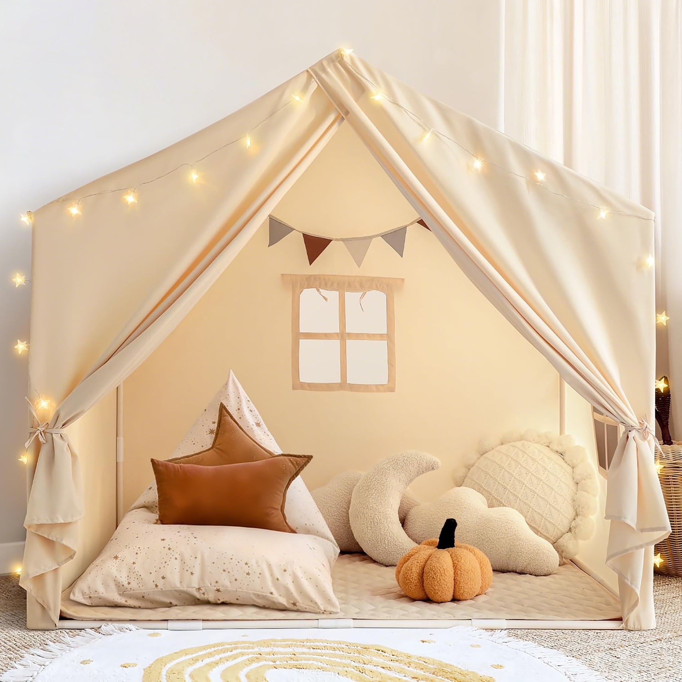 KOPPOP Toddler Playhouse Indoor Outdoor Play Tent with Star Lights (Beige, 50 in x 33 in x 48 in) ocetu