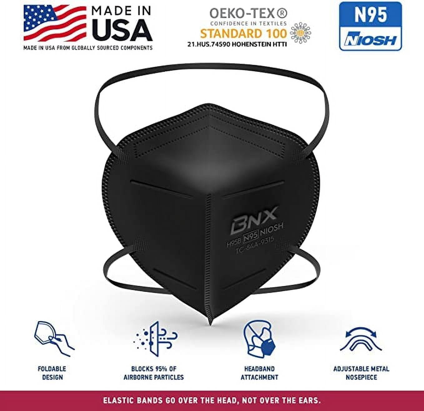 BNX N95 Respirator Face Mask, Protective Particle Filtering Mask with Adjustable Nose Piece (Black, 50-Pack) coed6