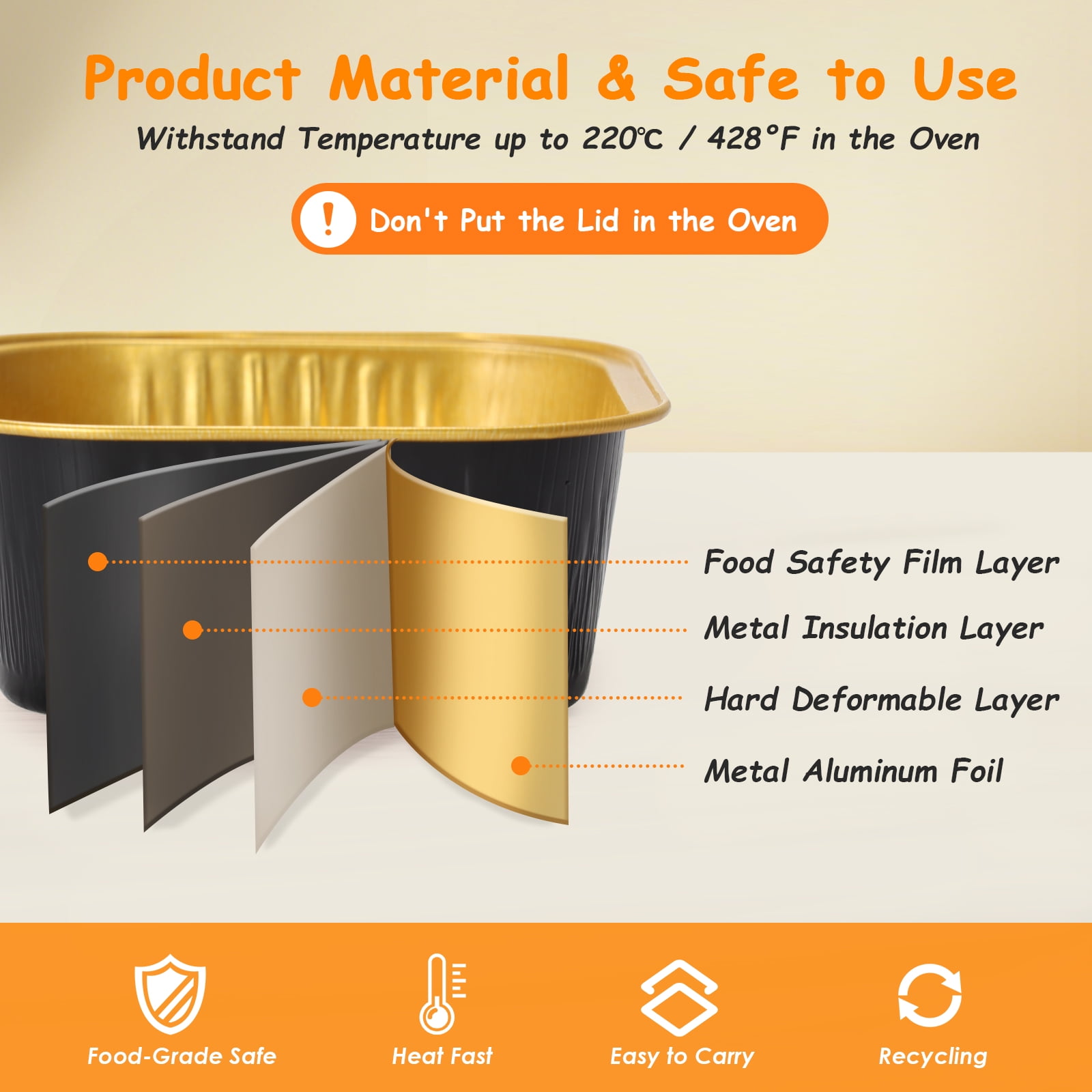 Norxziore Square Aluminum Foil Baking Cups with Lids (Gold, 5 fl oz, 50 Pack) 2u0hc