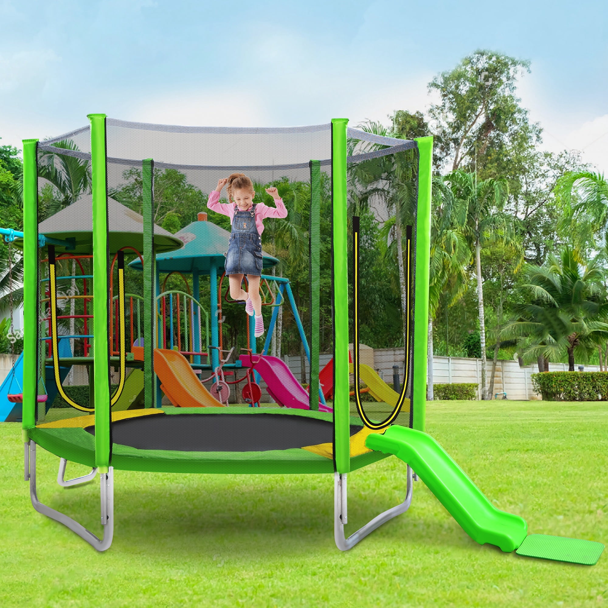 CASEMIOL 7ft Kids Trampoline with Safety Enclosure Net, Slide, and Ladder (Green, 7ft) xeexk