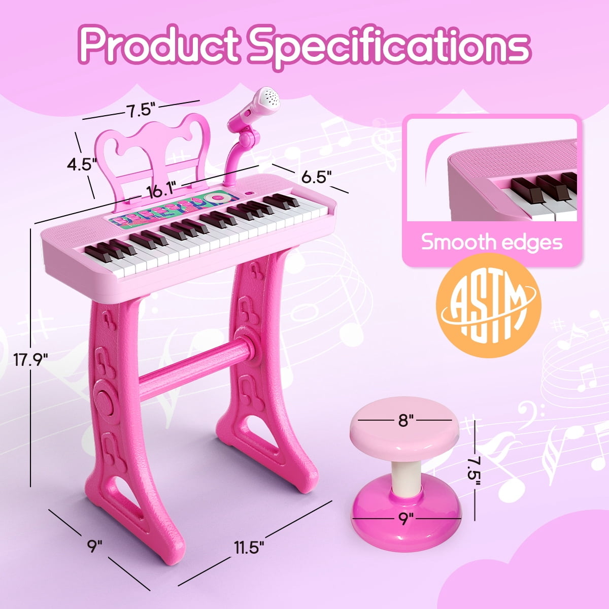 WLBES 37-Key Electronic Keyboard Piano Set with Stand and Stool (Pink, 1 Set) blafm