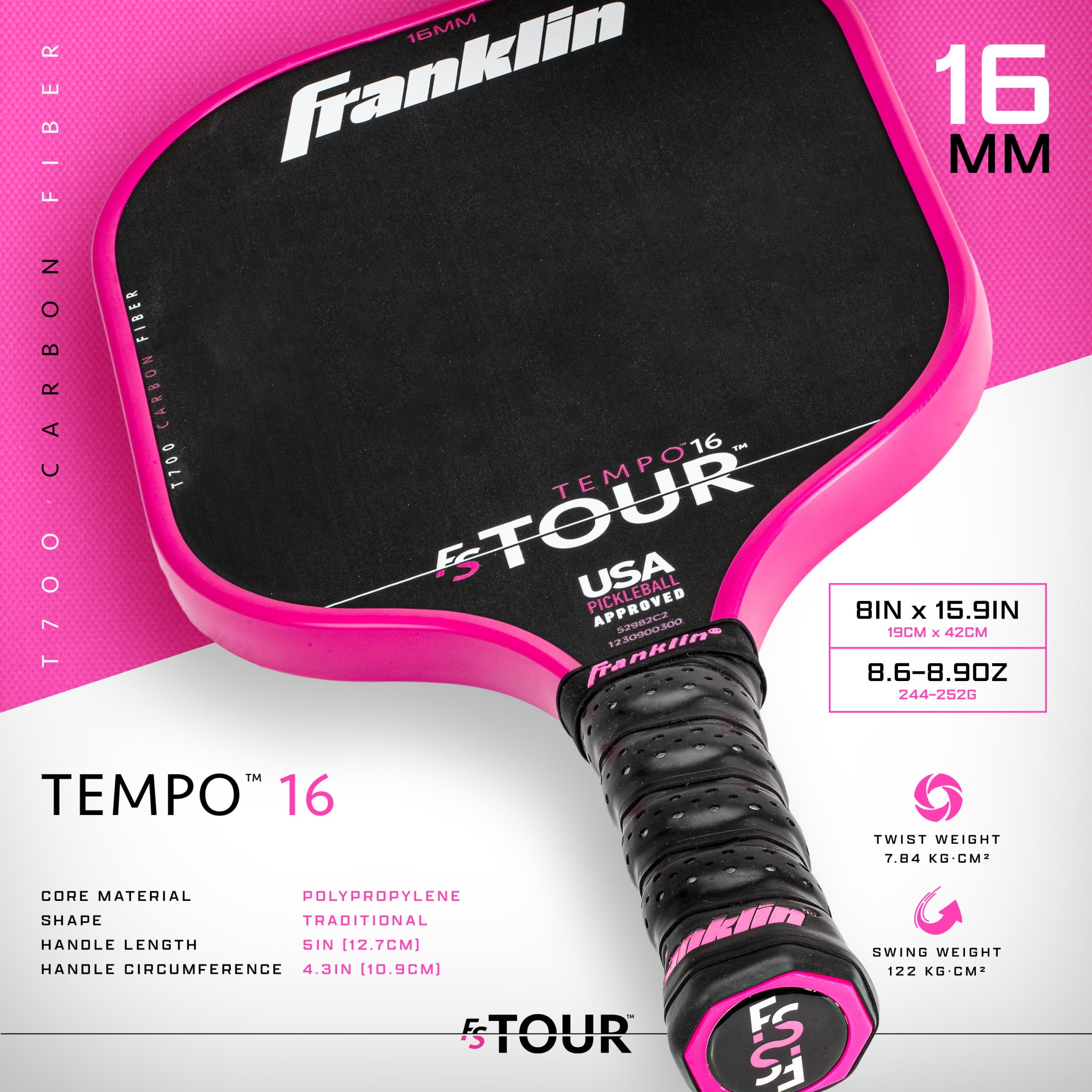 Franklin Sports FS Tour Series Pickleball Paddle - Carbon Fiber Surface - Pro Player Performance (Pink, 8.8 oz) y20ni
