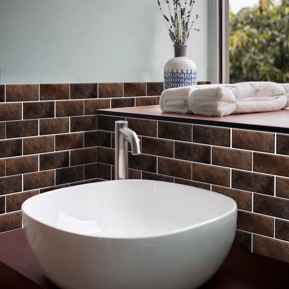 FUDAKUNA Peel and Stick Wall Tiles Waterproof Vinyl Mosaic Backsplash Decals (Brown, 6 Pieces, 11.8 x 5.9 in) e5jqn