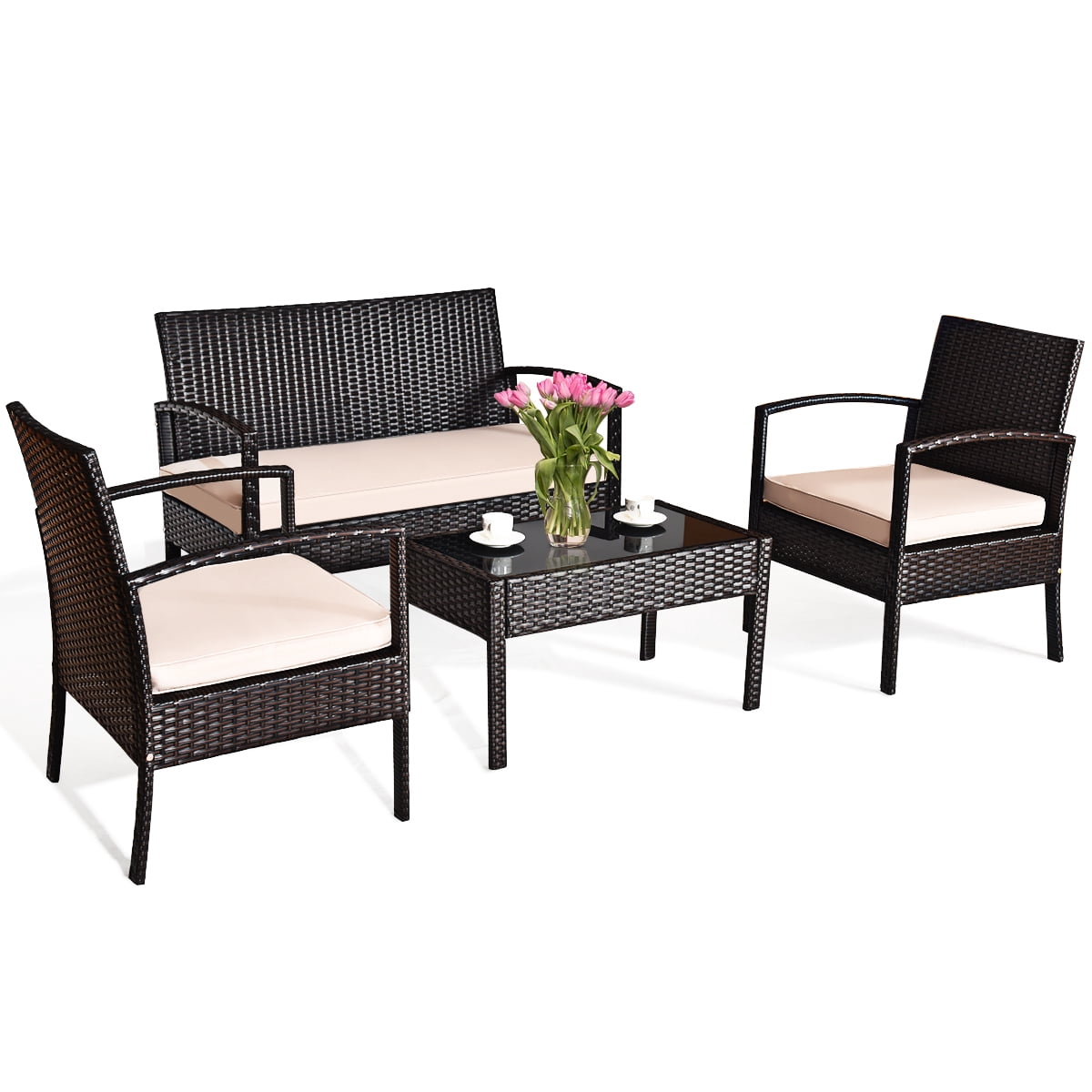 Costway 4-Piece Patio Rattan Conversation Furniture Set with Cushions and Glass Table (Brown, 4-Piece Set) y3b9y
