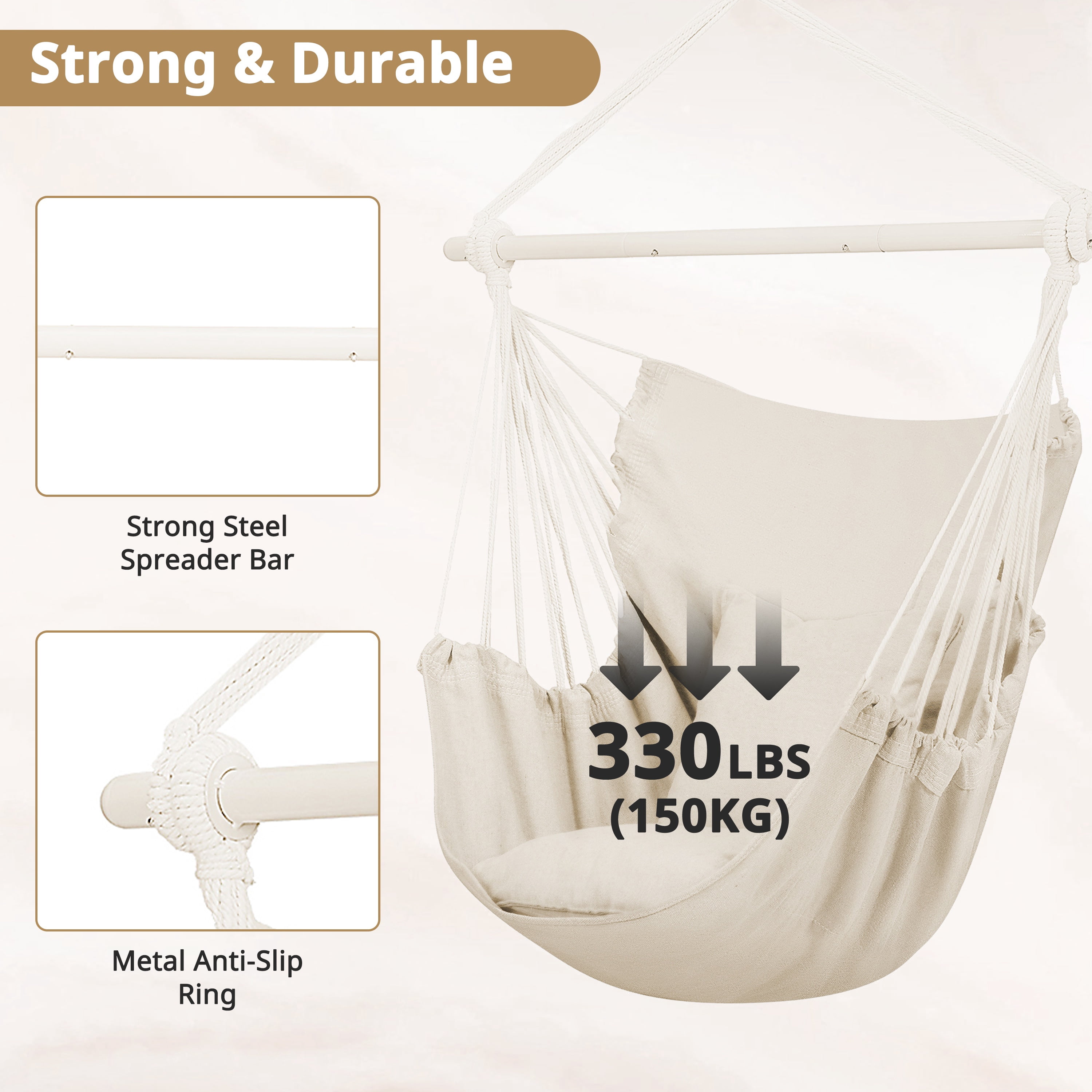 Segmart Large Hammock Chair Swing with Detachable Metal Support Bar and Two Cushions (Beige, 39 in x 47 in) vaj8j