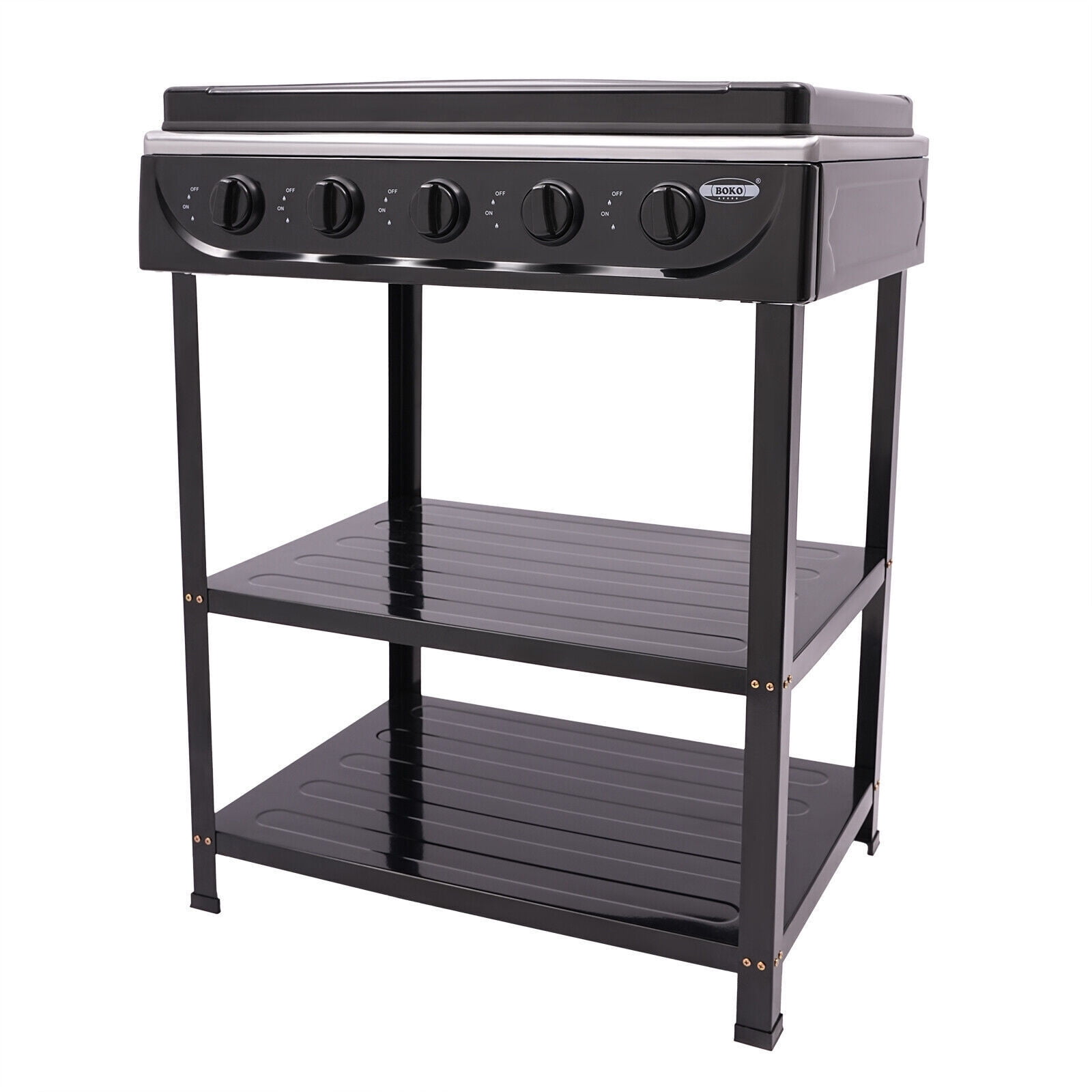Generic 5-Burner Gas Stove Outdoor Camping BBQ Grill with 2-Tier Storage Rack (Black) g36xu