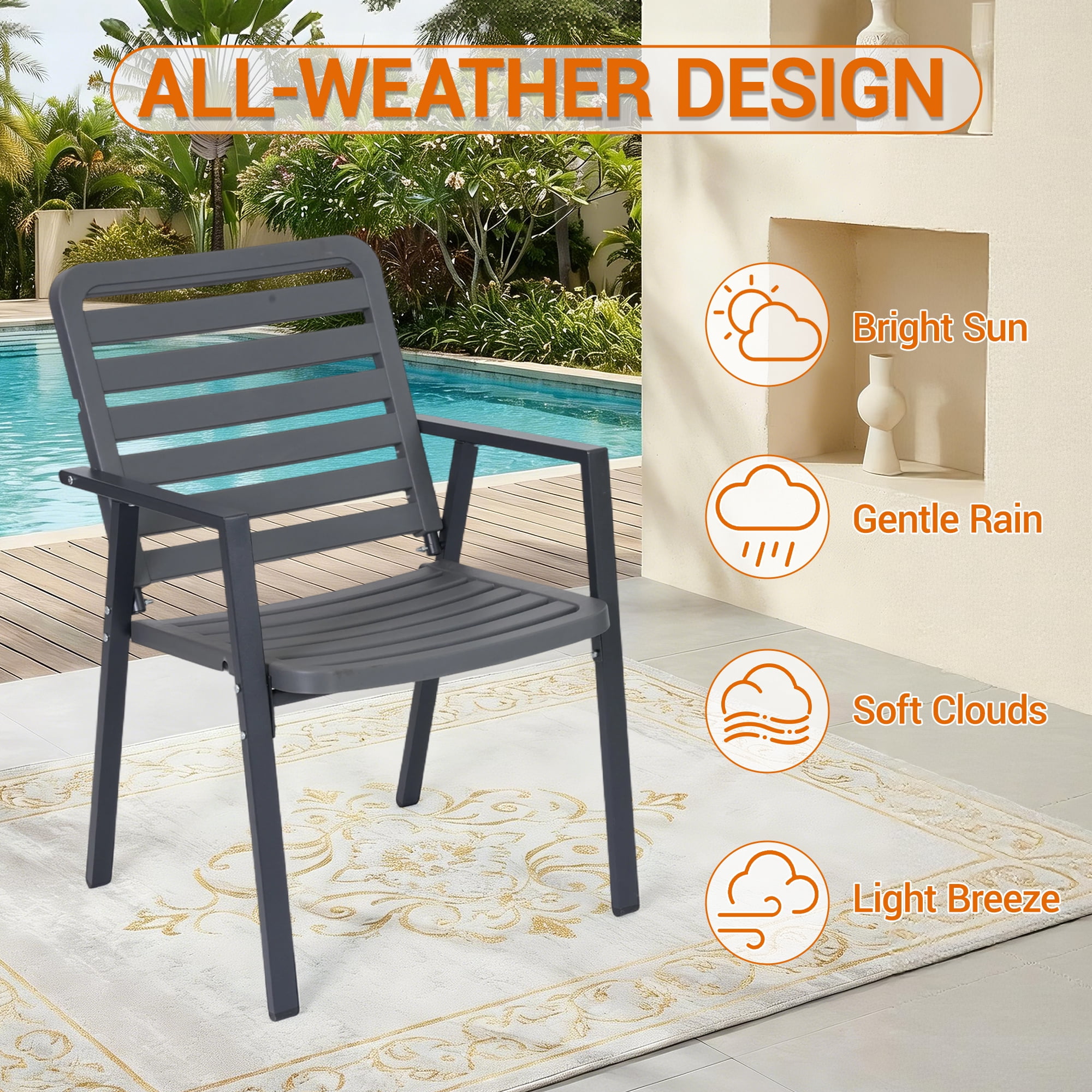 DELMANGO Outdoor Patio Dining Chairs with Metal Frame, All-Weather Garden Seating (Gray, Set of 2) e6uyh