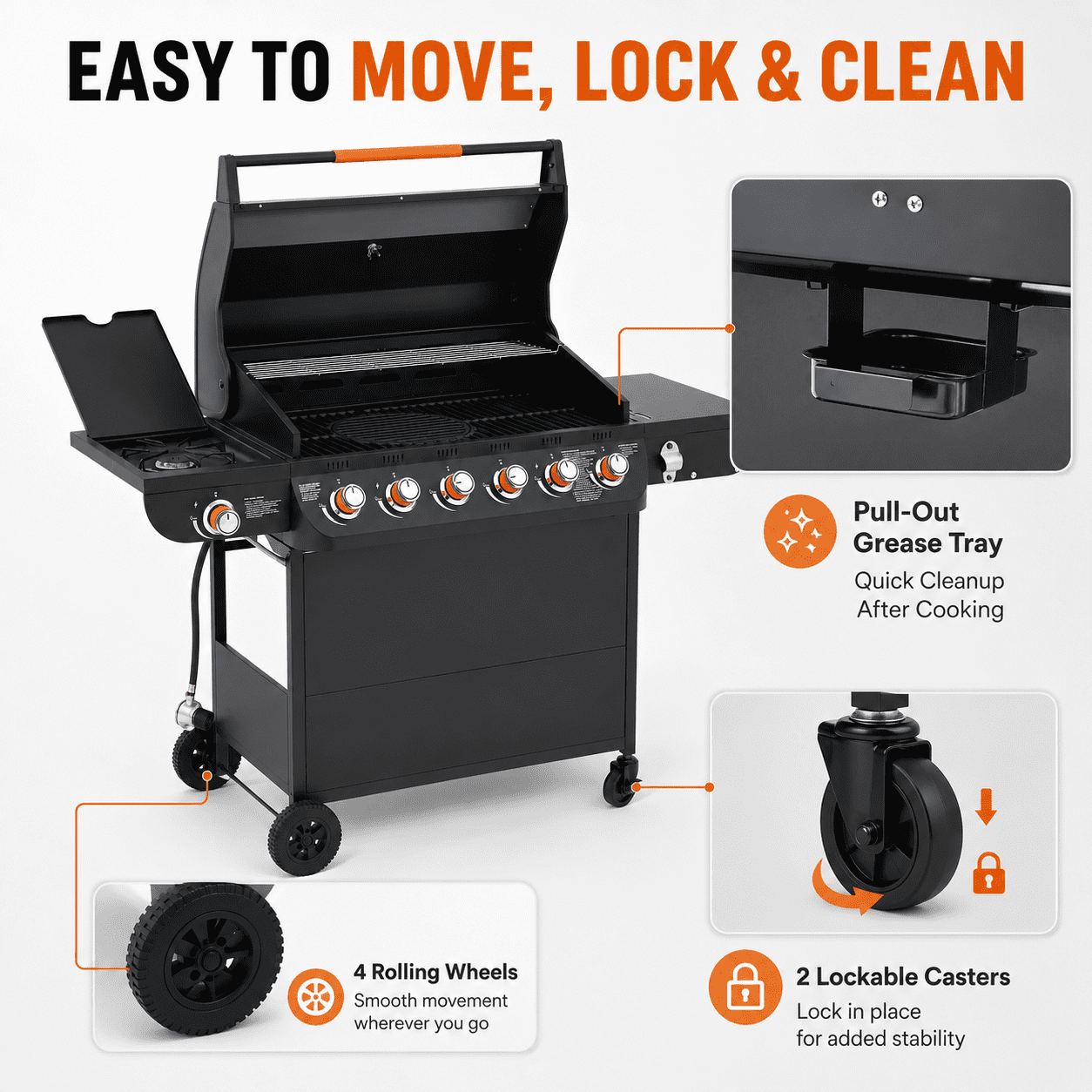 Seizeen 4 Burner Propane Gas Grill with Side Burner, Outdoor Stainless Steel BBQ Grill (Black, 46790 BTU) eavsv