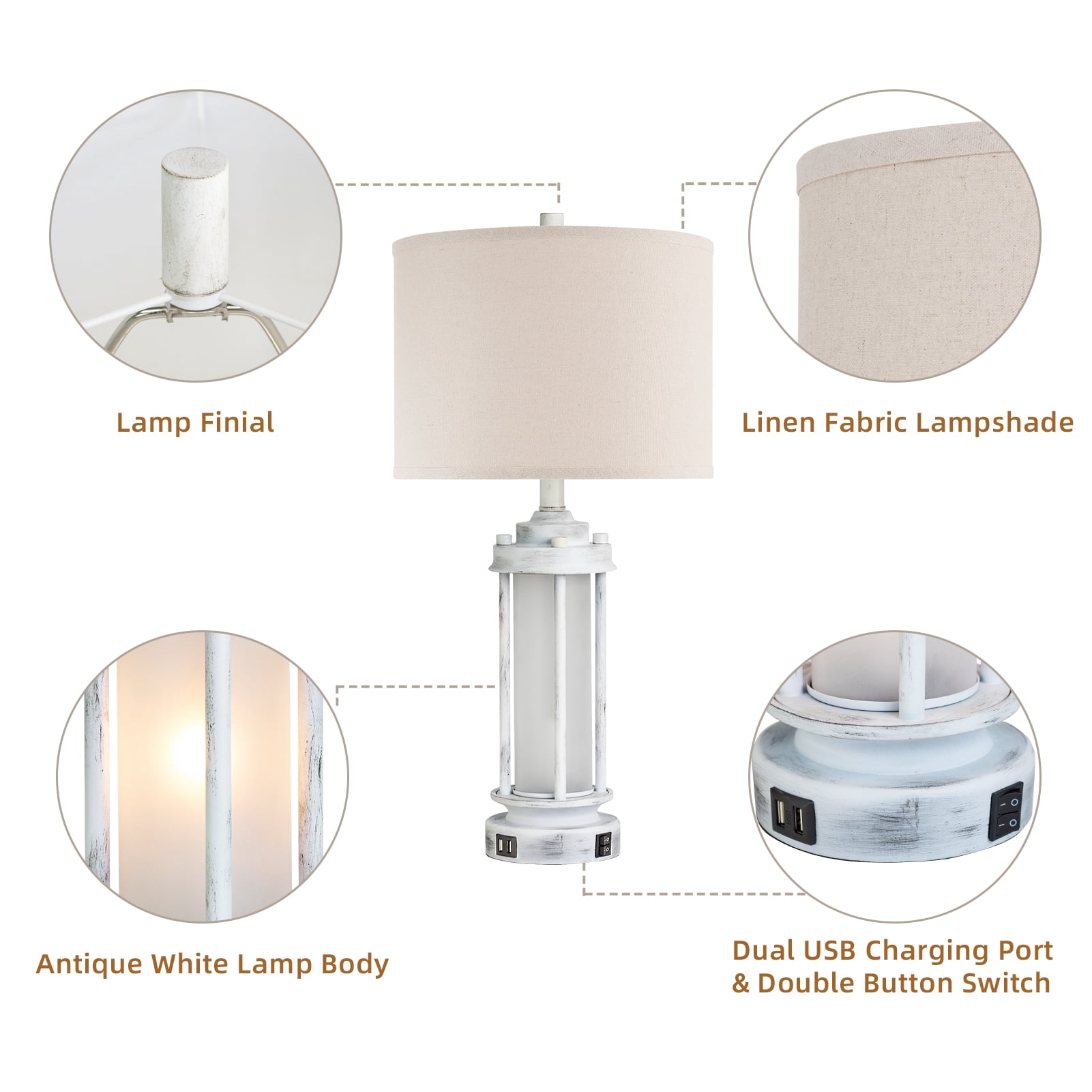 JUJUYUYOP Modern Farmhouse Table Lamps with USB Charging Ports and Night Light (White, Set of 2, 25 in) a3avo