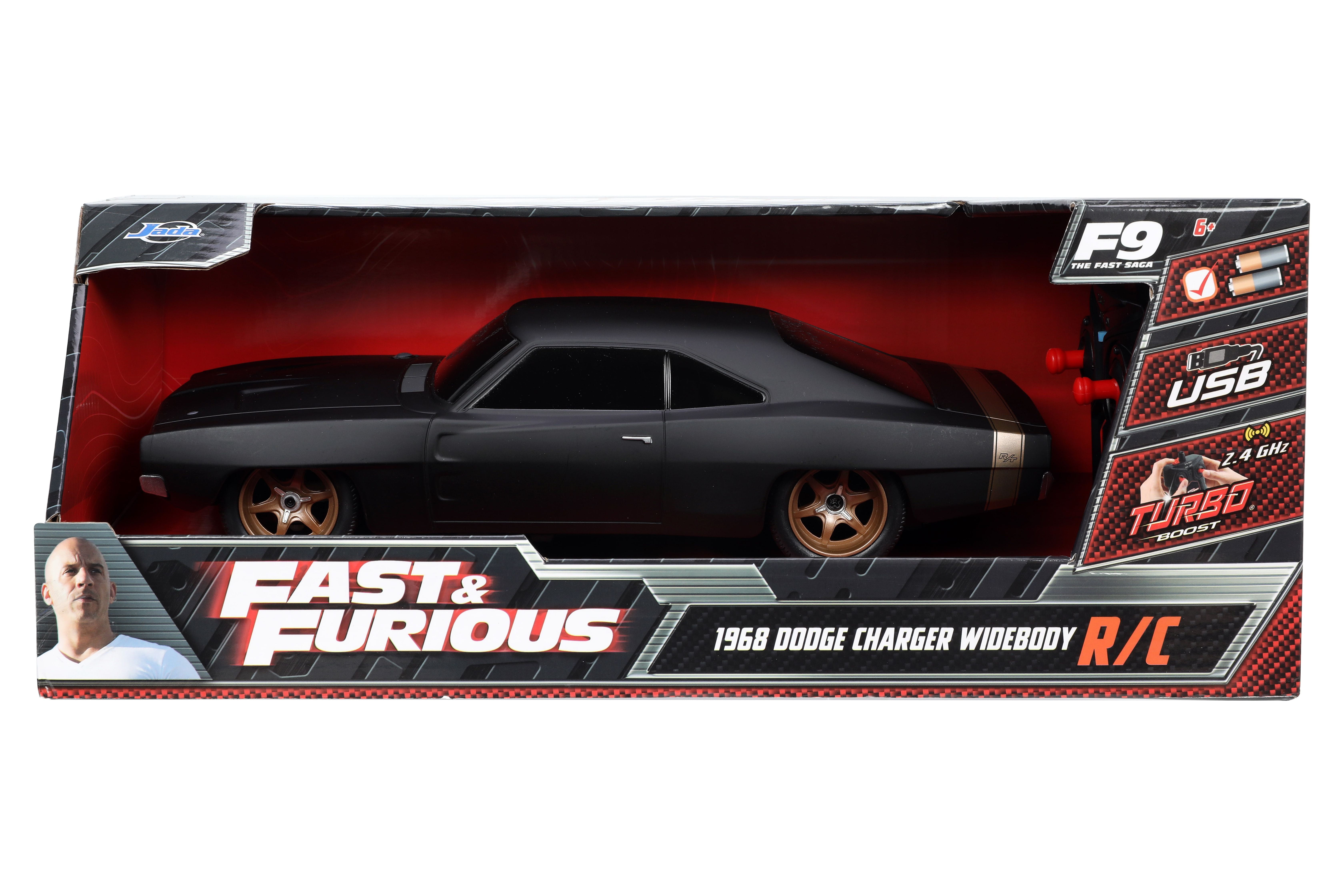 Jada Toys Fast & Furious Dom's 1968 Dodge Charger Widebody RC Radio Control Car (Black, 12 in) no1v9