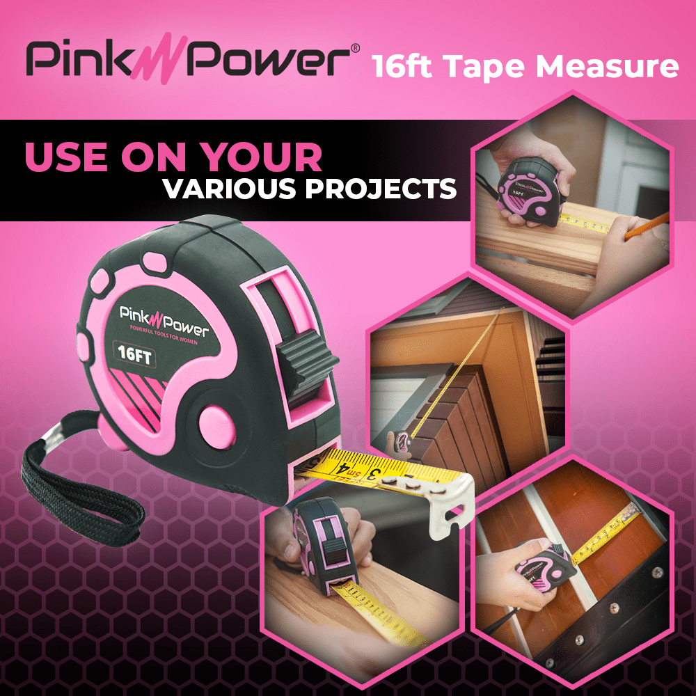 Pink Power Retractable Measuring Tape with Lock Button and Belt Clip (Pink, 16 ft) 1s5q1