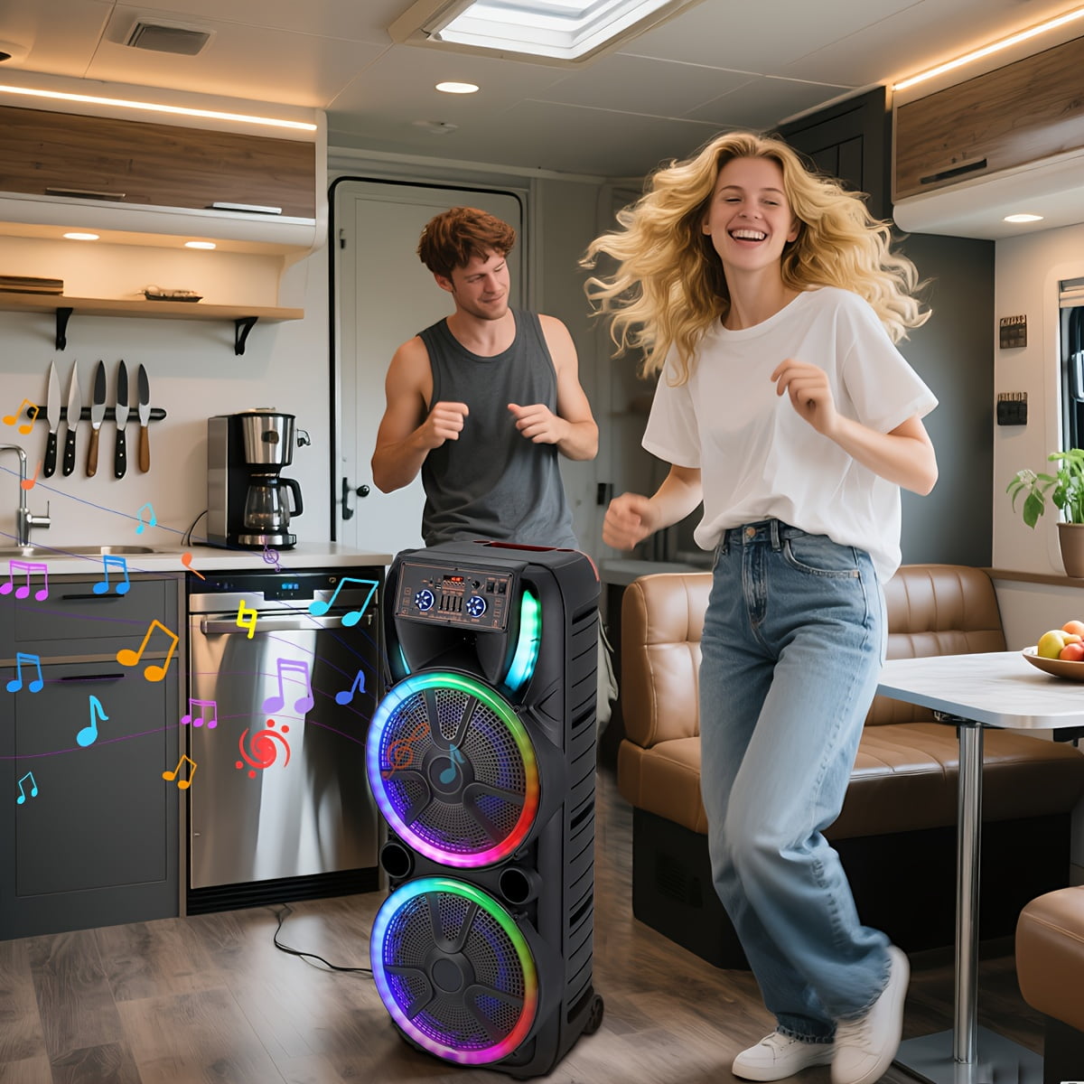 Lohoms Dual 15 in Karaoke Speaker System with 2 Wireless Microphones, Portable Bluetooth Party Box with LED Lighting (Black, 15 in) 3blbz