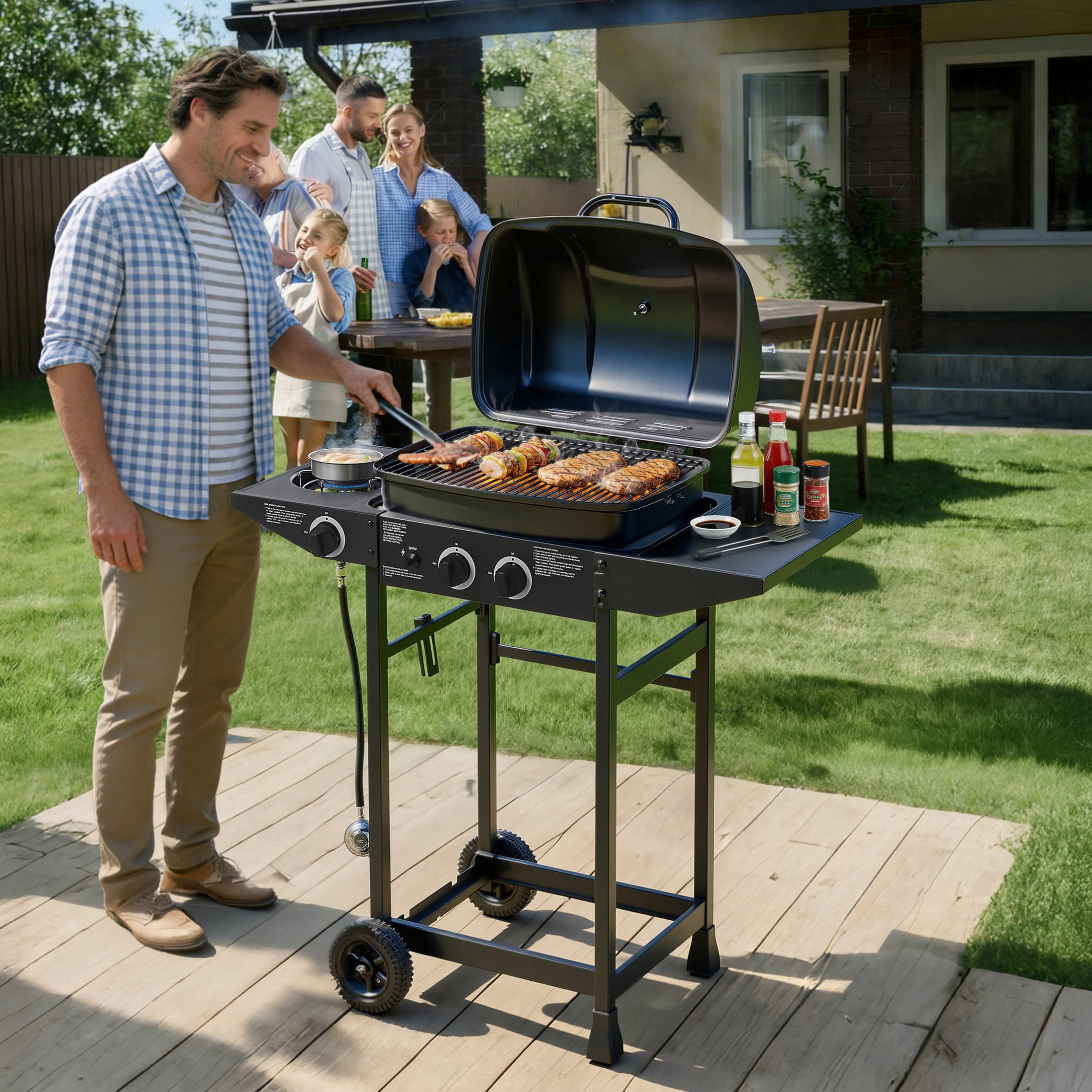 Noble House 2-Burner Propane Gas Grill with Side Burner and Prep Tables (Black, 37.4 in W x 15.7 in D x 40.9 in H) 4yqai